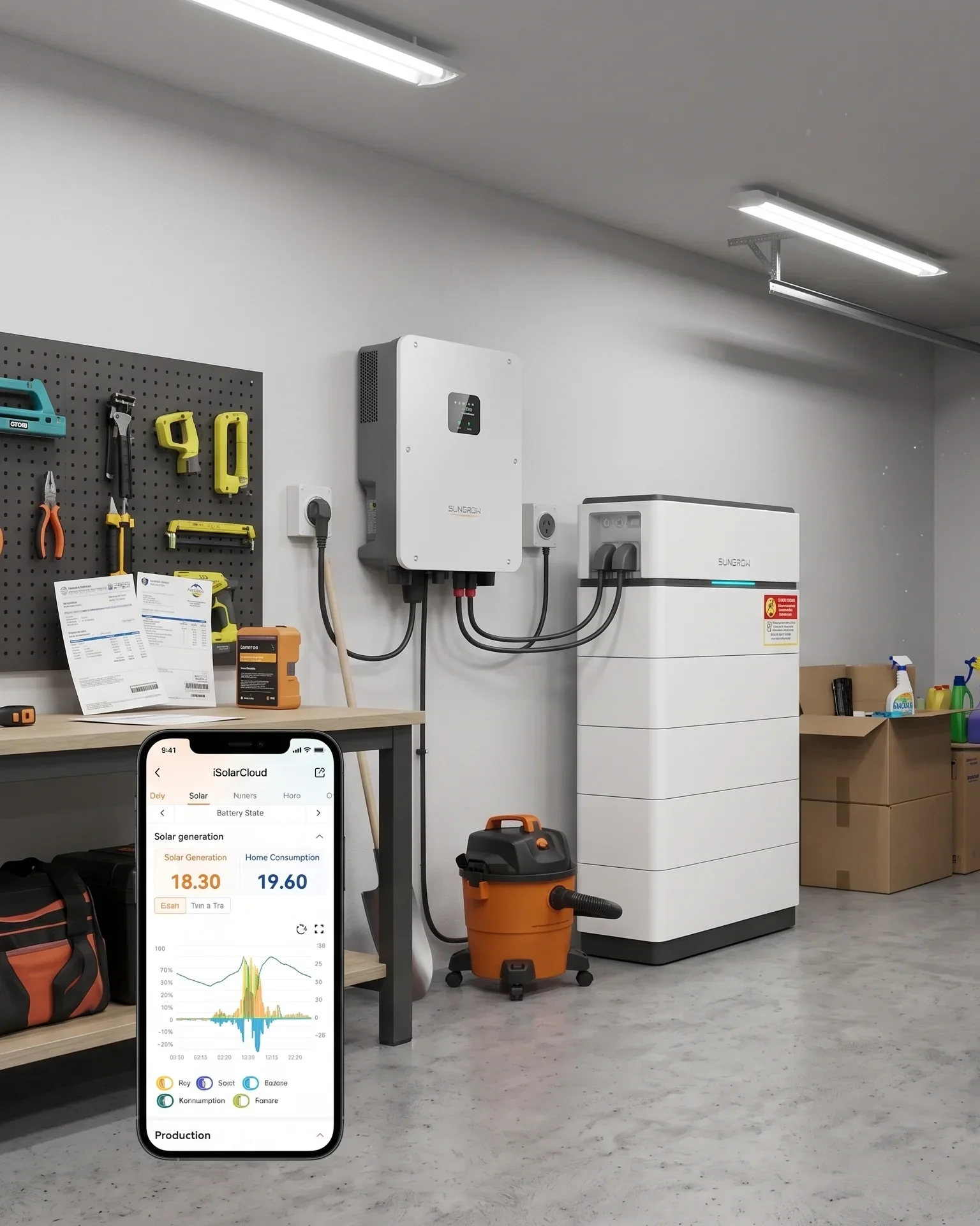Garage or utility room with solar power equipment, tools, a pegboard with tools, a computer or tablet displaying solar energy data, and storage boxes.