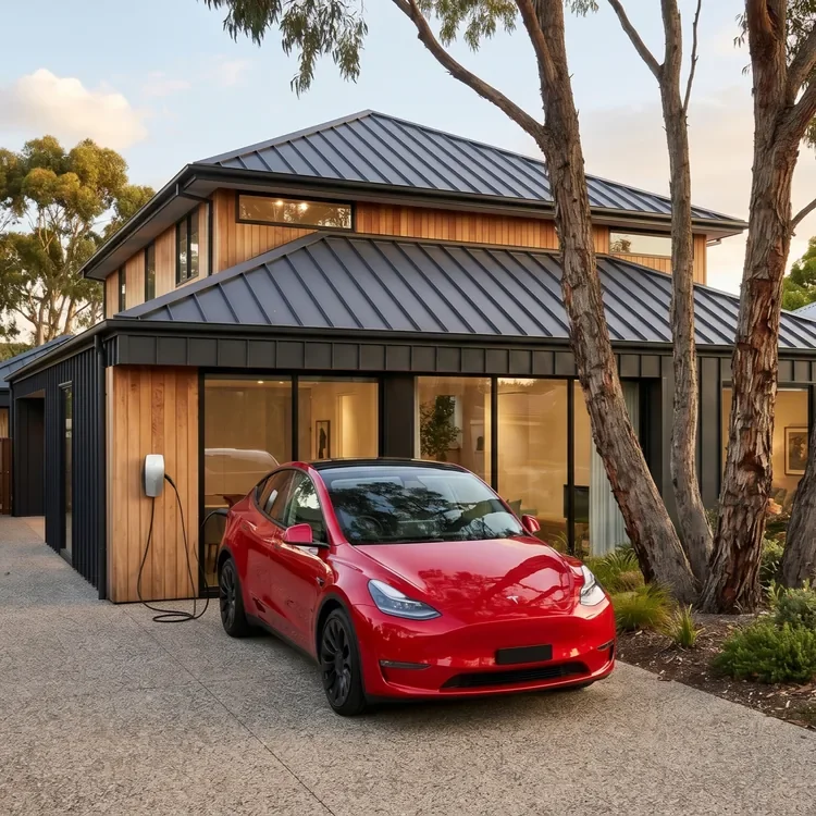 Modern two-story house with wood and black siding, large windows, and a metal roof, with a red electric car charging outside in a landscaped yard.