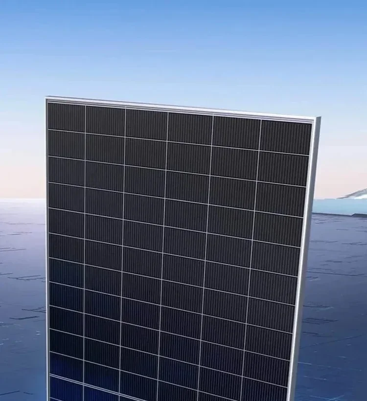 Close-up of a large solar panel outdoors with water and mountains in the background.