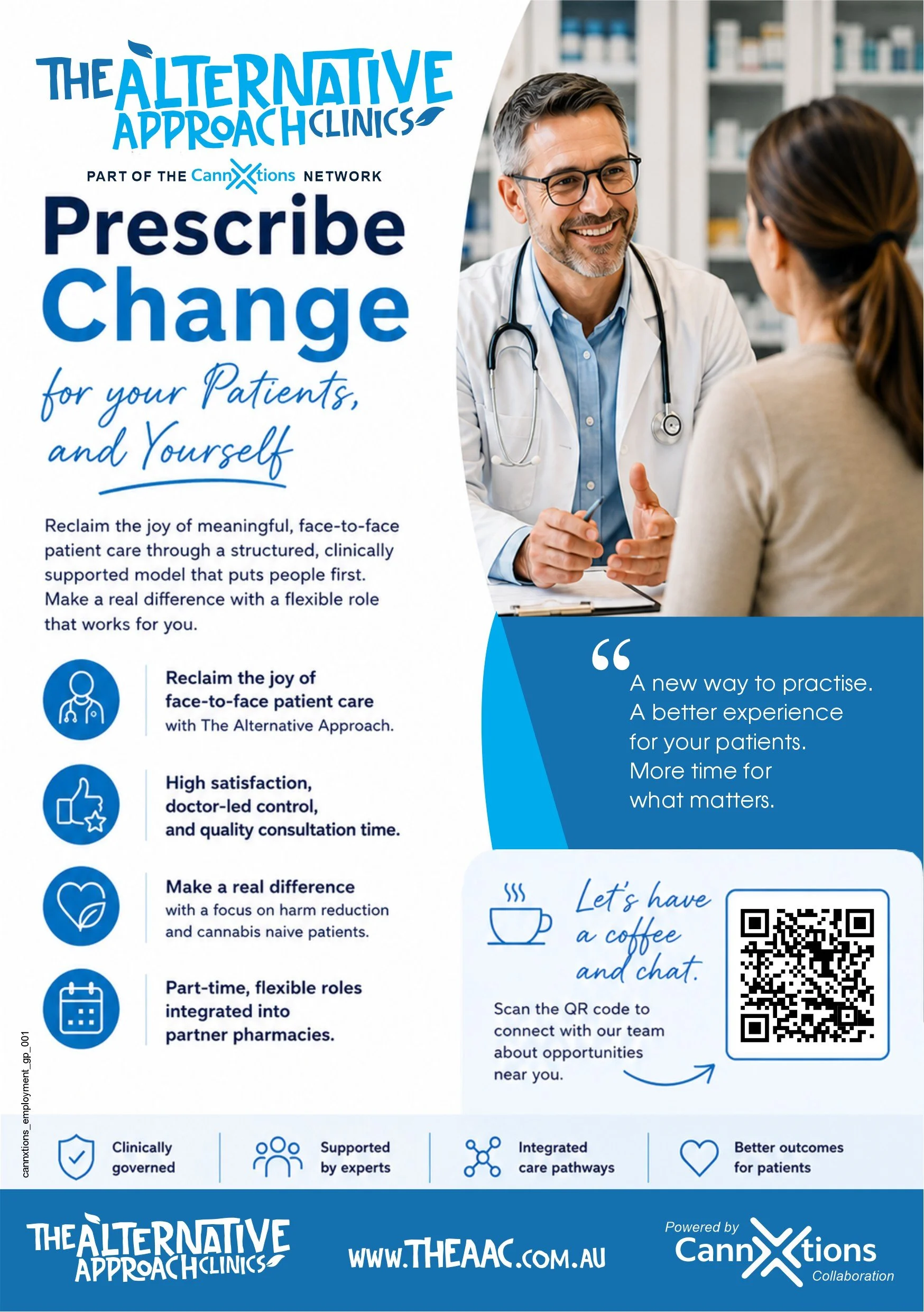 Promotional flyer for The Alternative Approach Clinics, a part of the CannX tions network, highlighting a patient care model that emphasizes face-to-face interaction, patient satisfaction, and flexible roles. It features a photo of a male doctor and a woman patient, a QR code for connecting with the team, and icons representing clinical governance, expert support, care pathways, and patient outcomes.