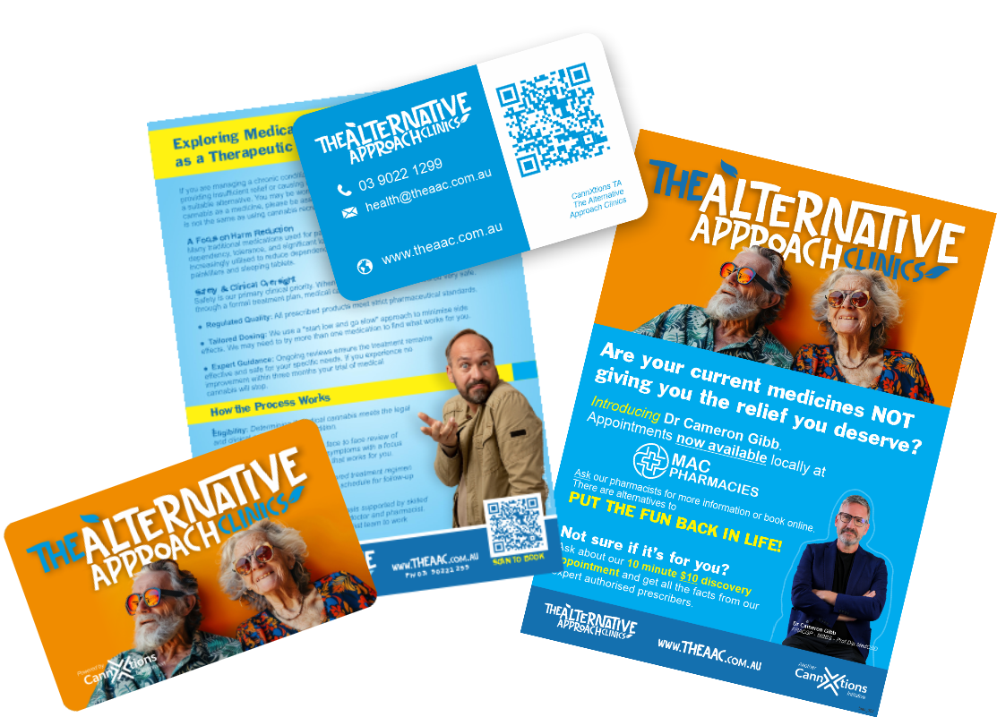 Flyers for The Alternative Approach Clinics promoting medical services, featuring elderly couple with sunglasses, and a man in a tan jacket, including contact info, QR codes, and colorful text.