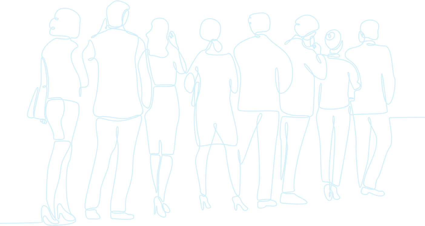 Glow-in-the-dark neon outline of diverse group of people standing and talking, on black background.
