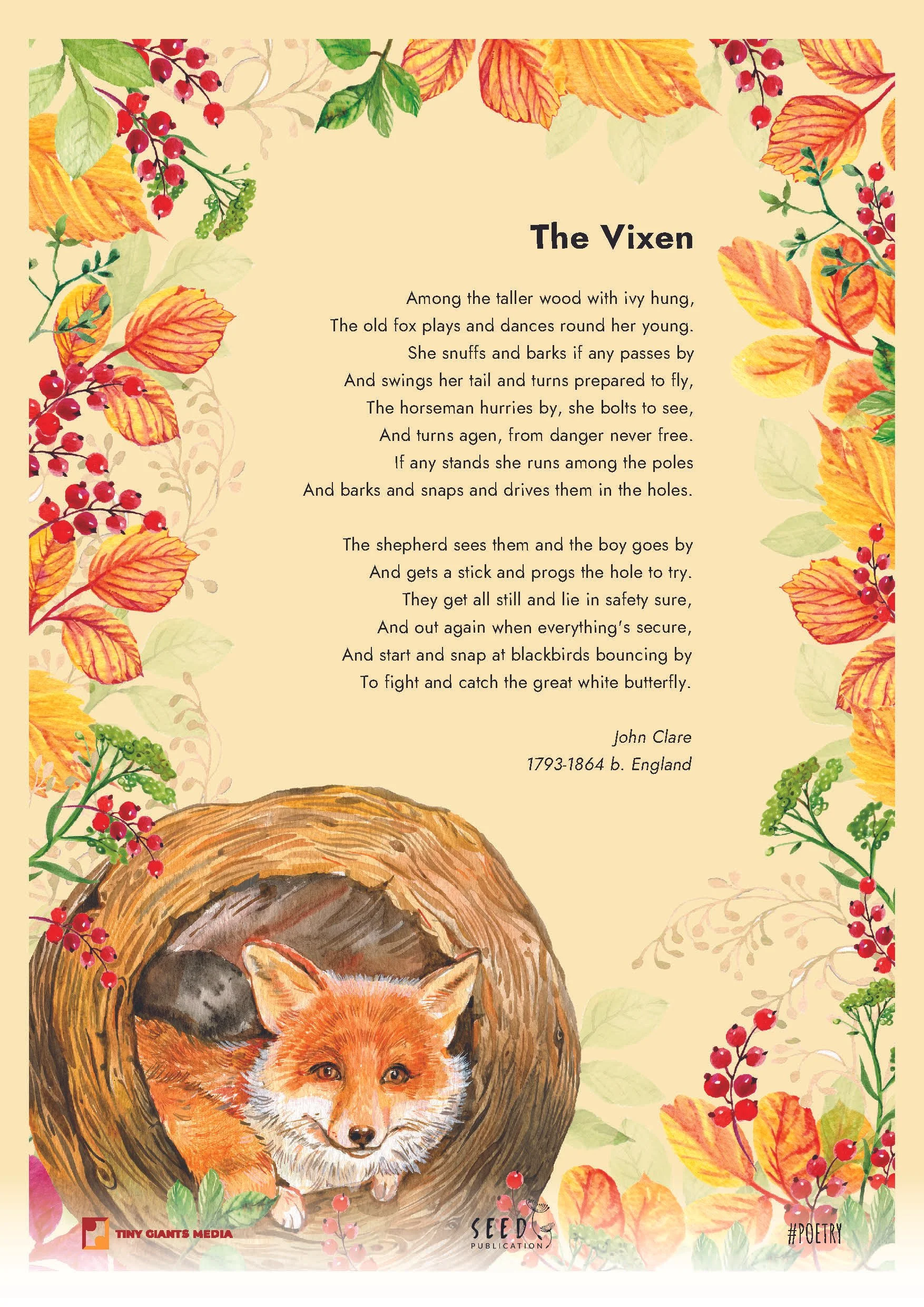 Illustration of a fox inside a tree trunk surrounded by autumn leaves, berries, and foliage, with a poem titled 'The Vixen' on a beige background.