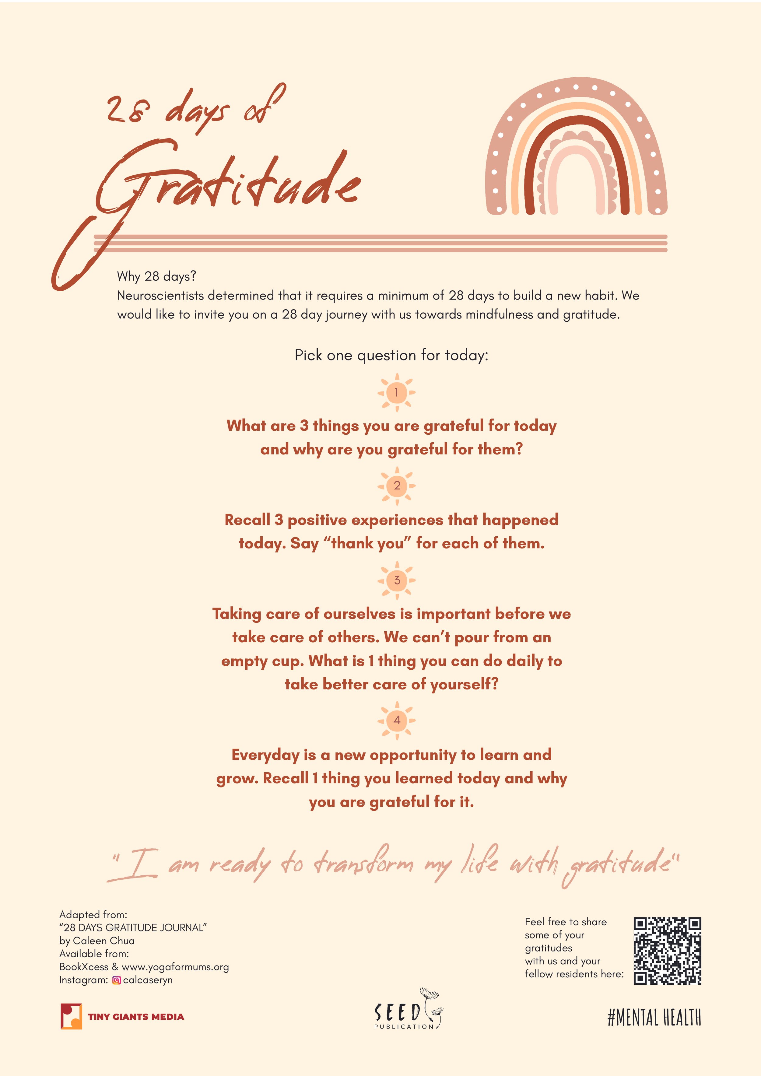 A gratitude journal page titled '28 days of Gratitude' with a rainbow graphic in earth tones. It includes prompts for daily gratitude activities and information about a 28-day gratitude journal adapted from Caleen Chua's book, available on various pl