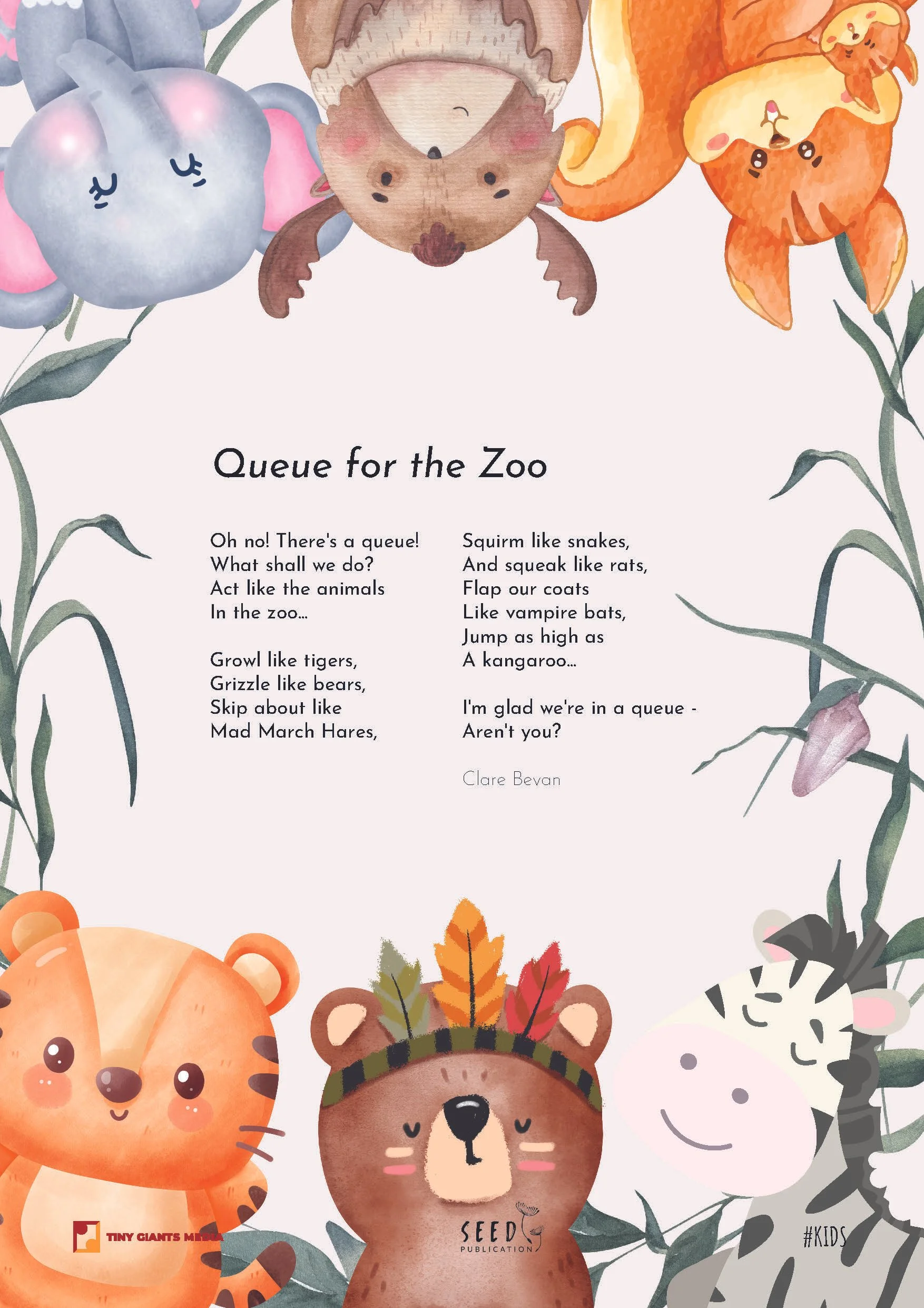 Colorful illustration of cute animals and pumpkins with fall leaves surrounding a poem titled 'Queue for the Zoo' by Clare Bevan, promoting a children's book from Seed Publication.