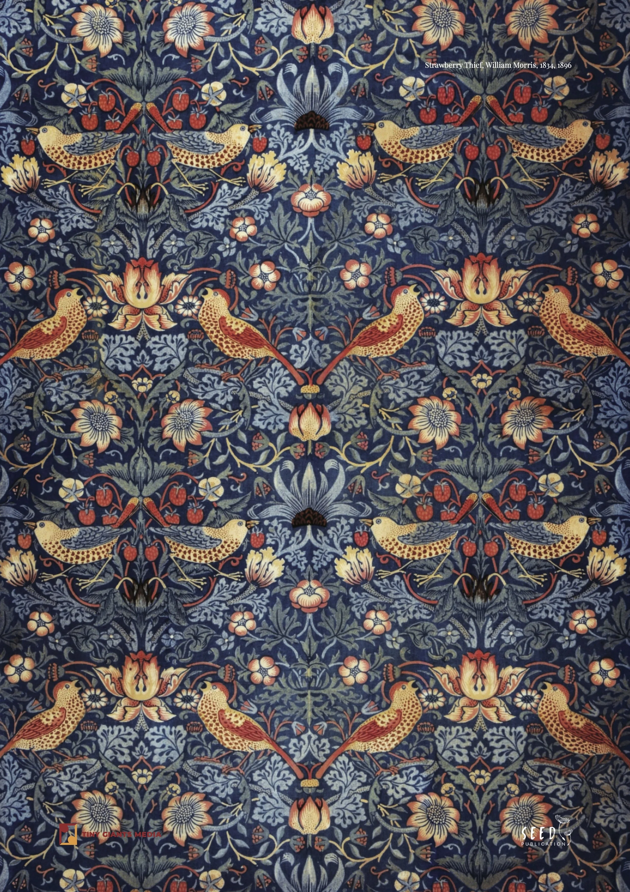 A detailed floral and bird pattern with a blue background. The pattern includes foxglove flowers, birds, and various leaves, arranged symmetrically. There are texts on the image indicating the artwork is 'Strawberry Thief' by William Morris, created 