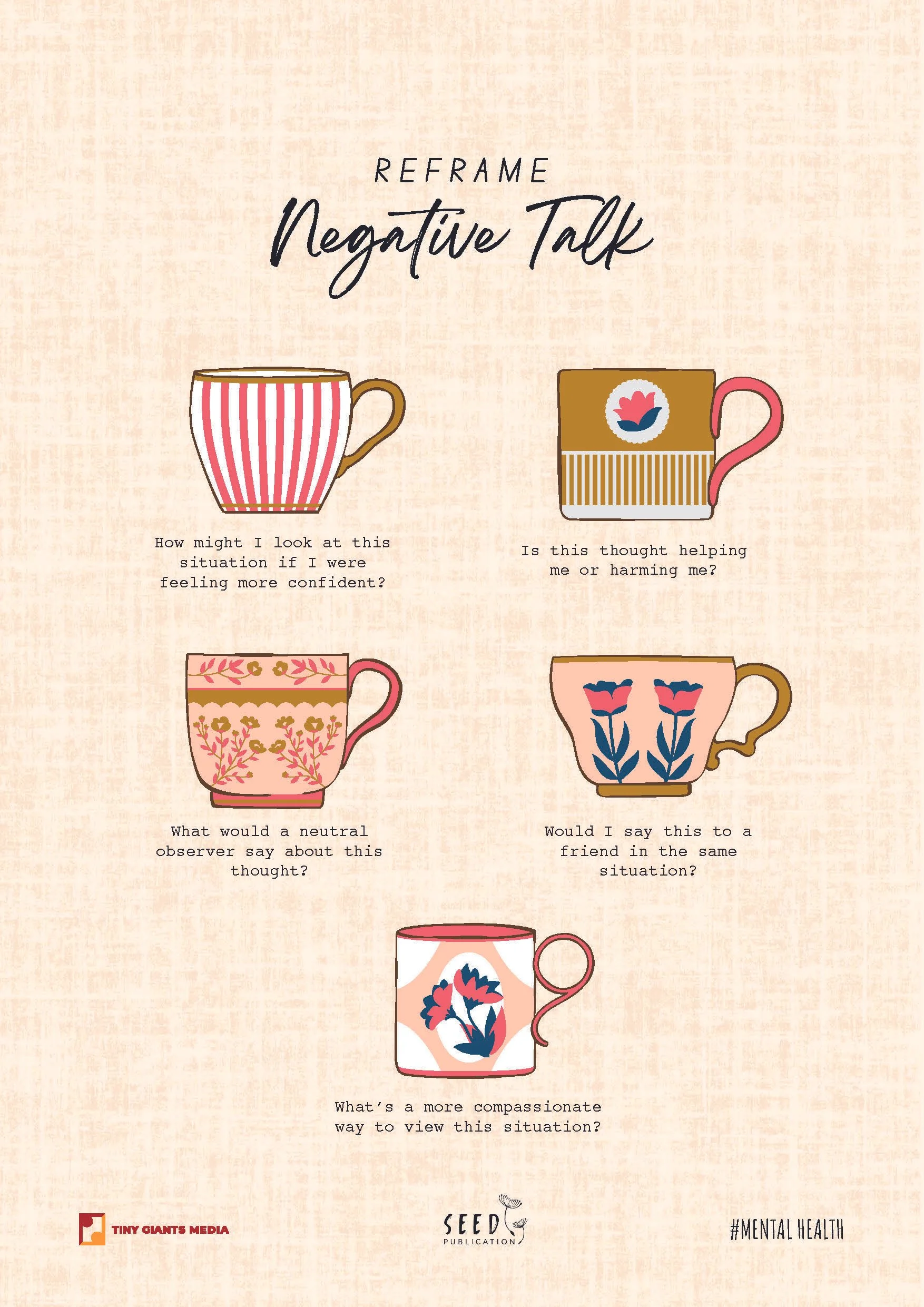 Illustration of four tea cups with various floral and striped patterns, each accompanied by a question about managing negative thoughts and emotions, titled 'Reframe Negative Talk', promoting mental health awareness.