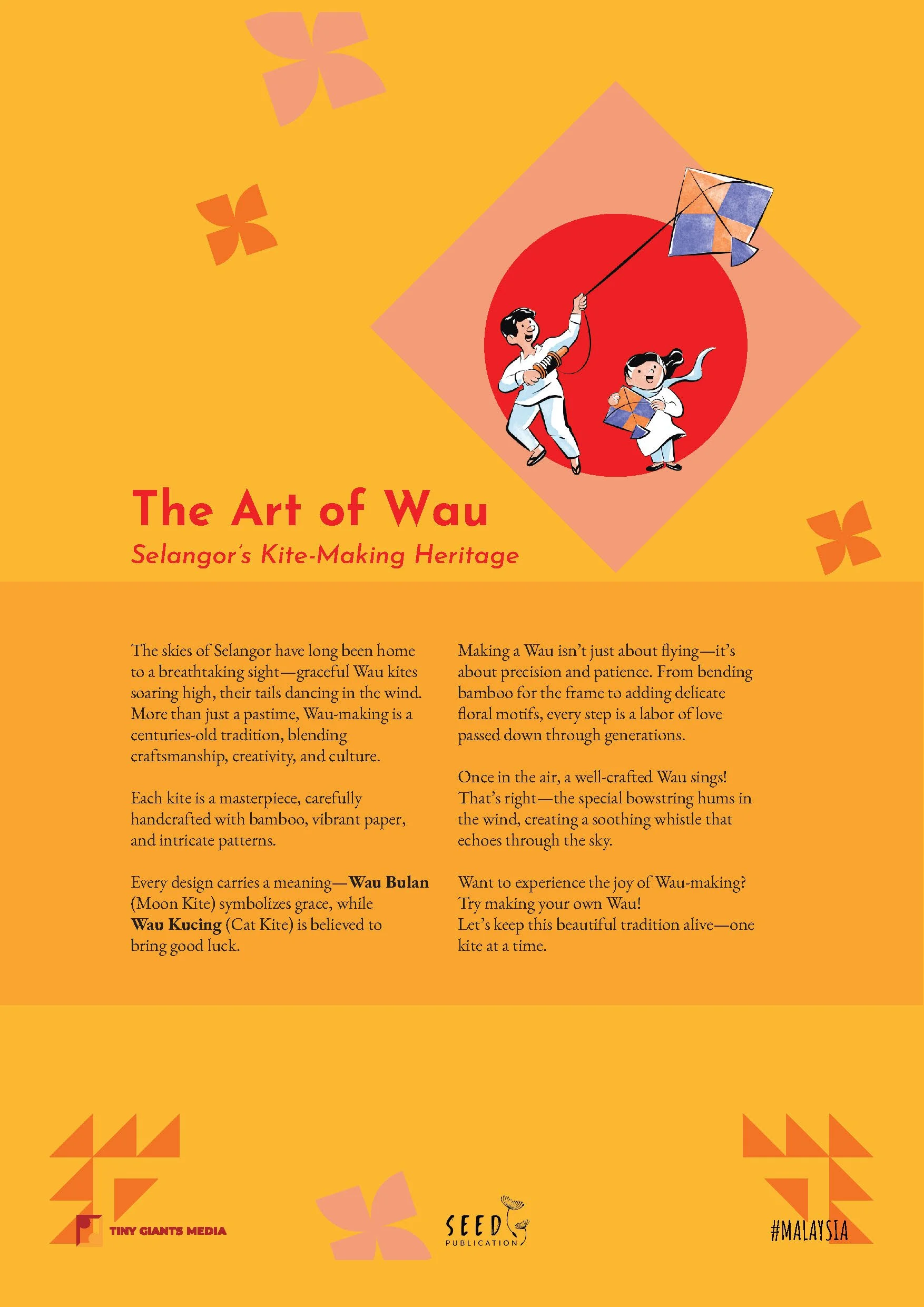 Cover page of a publication titled 'The Art of Wau', featuring children flying a traditional Malaysian kite called Wau, with decorative graphics and text describing the heritage and craftsmanship of Wau kites.