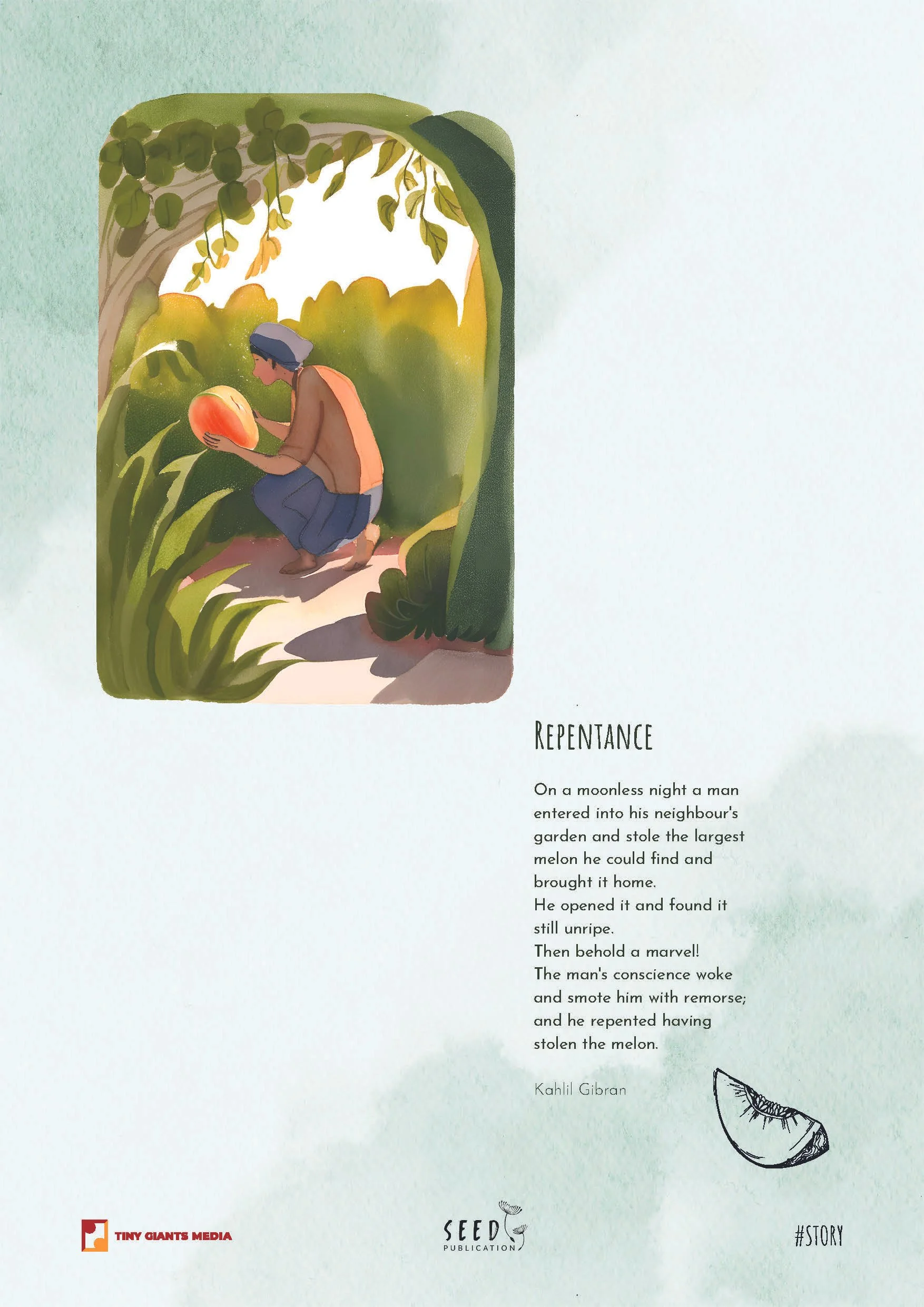 A person kneeling in a garden holding a large watermelon, with a background of greenery and trees. The scene is viewed through an arched opening with hanging vines. Text on the image narrates a story about a man stealing and returning a watermelon, w