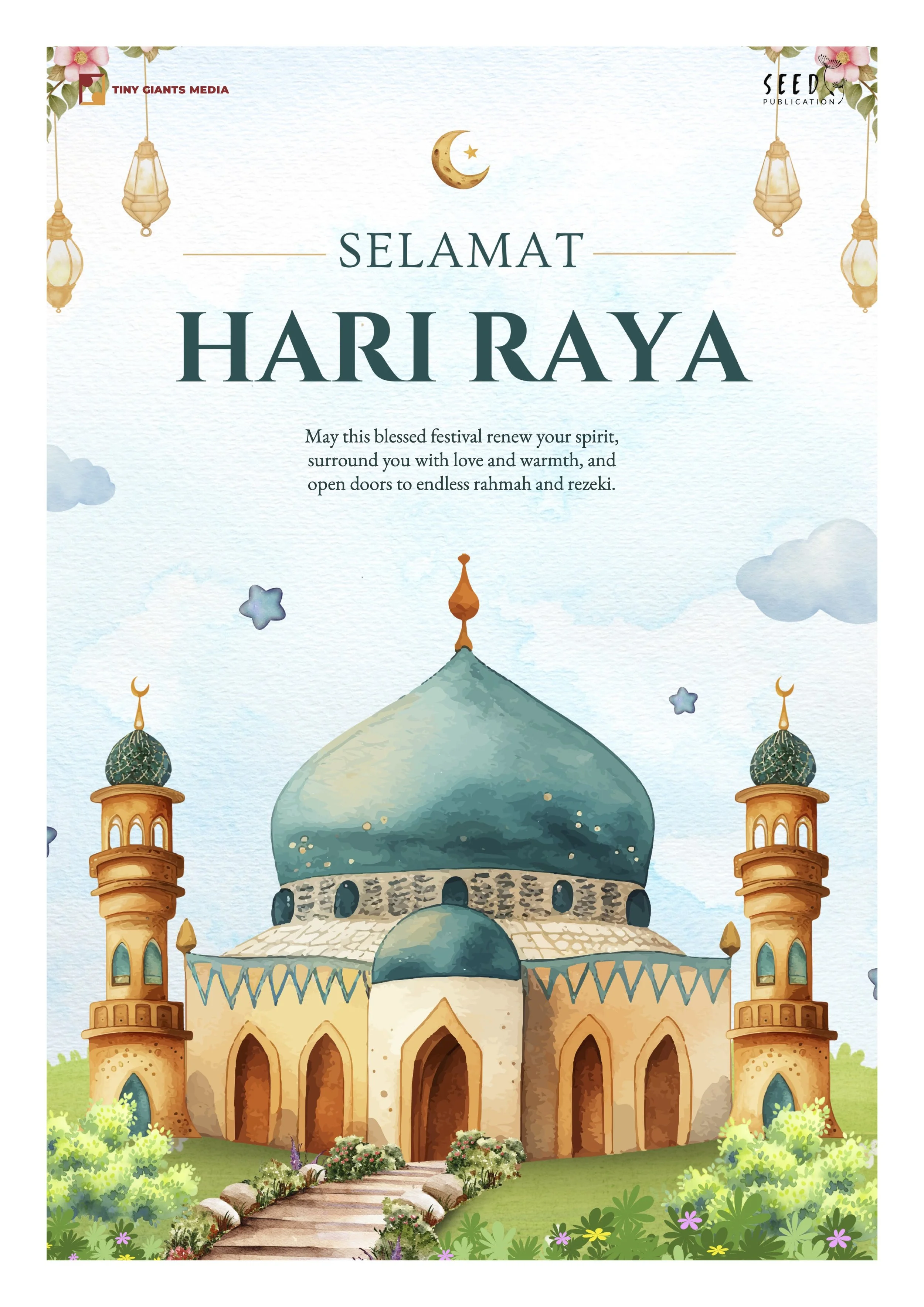 Illustration of a mosque with a large blue dome, golden minarets, surrounded by green bushes, colorful flowers, and a stone pathway, with a sky background and a crescent moon and stars.