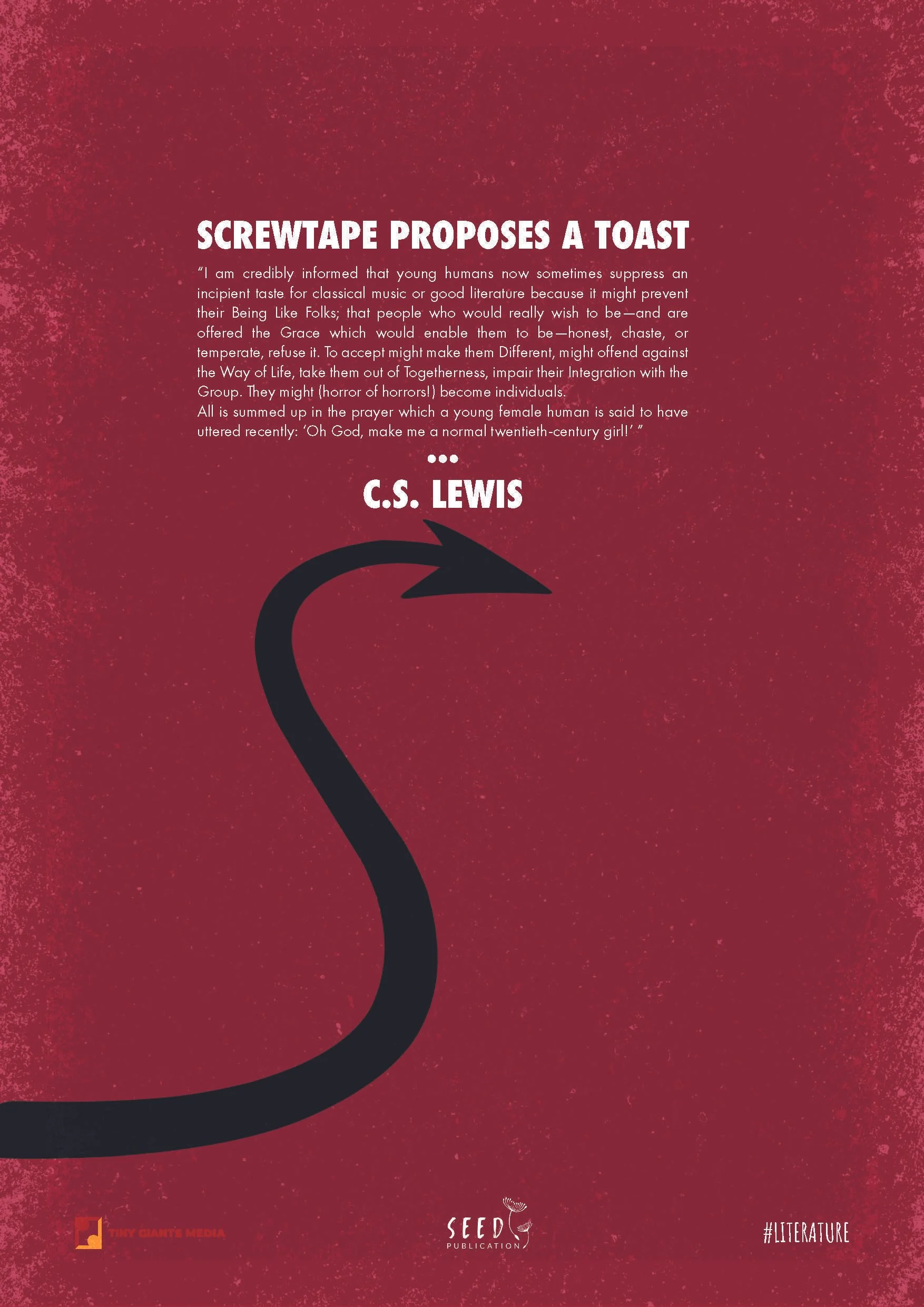 Red background with white text about a quote by C.S. Lewis and a black arrow pointing upward. Logos of Tiny Giants Media and Seed Publication at the bottom.