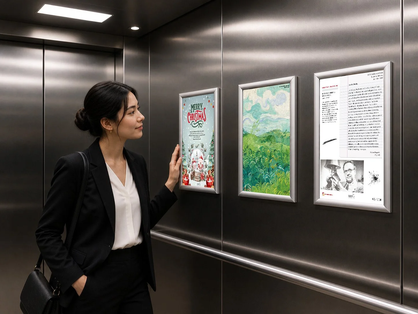 A woman in a black blazer and white shirt looking at framed artworks on an elevator wall. The artworks include a Christmas greeting card, a landscape painting, and a black-and-white page with text and photos.
