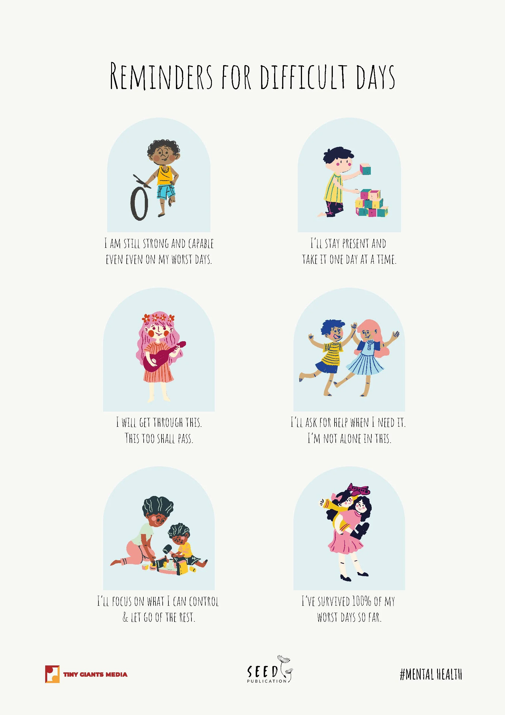 Collection of illustrated children with positive mental health reminders, including messages like 'I am still strong and capable even on my worst days,' 'I'll stay present and take it one day at a time,' 'I will get through this. this too shall pass,