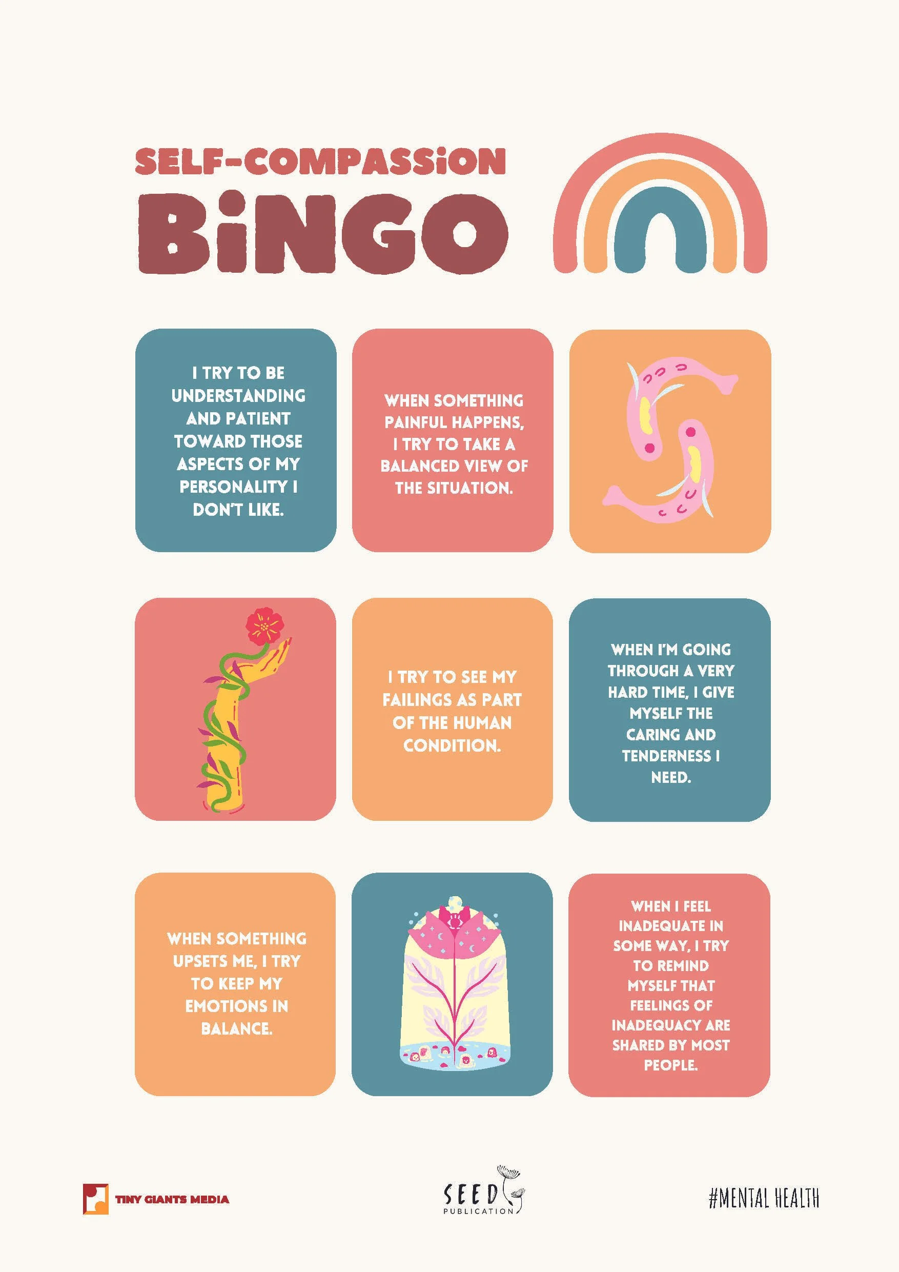 A mental health awareness infographic with text and illustrations. The title says 'Self-Compassion Bingo.' The infographic contains a series of statements about self-compassion, each in a colored box with a related illustration, such as a rainbow, a 