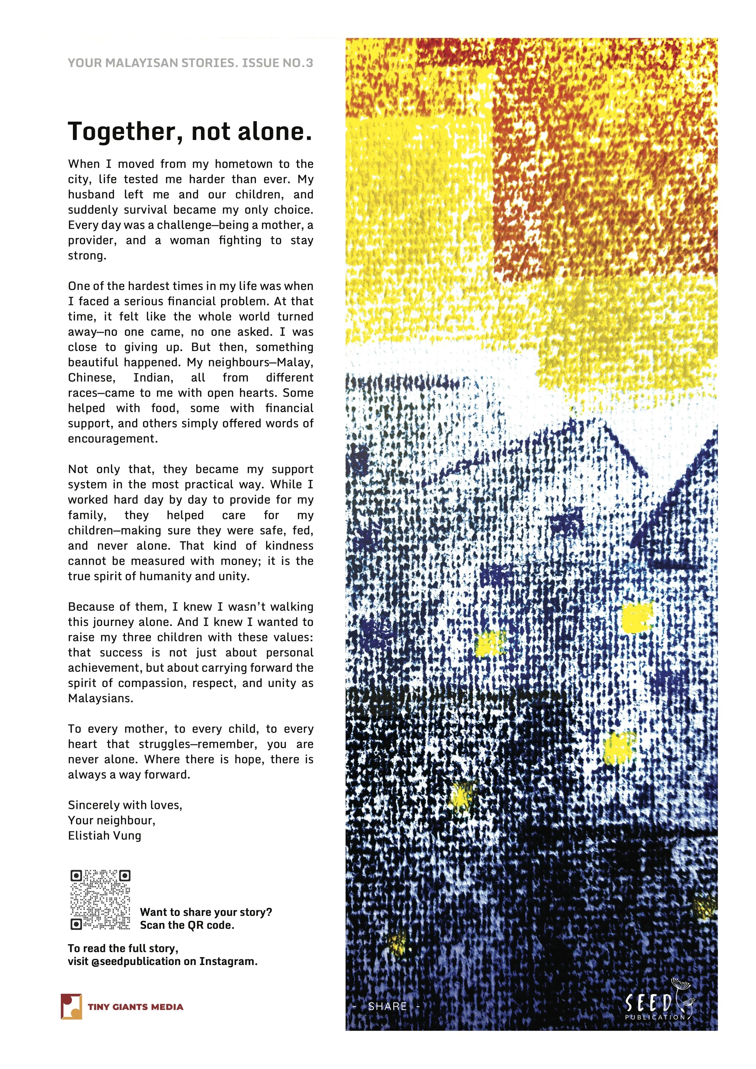 A printed newsletter titled "Your Malaysian Stories, Issue No.3" with the headline "Together, not alone." next to an abstract, pixelated, and colorful image of a person holding a yellow flower. The newsletter text describes overcoming struggles with 