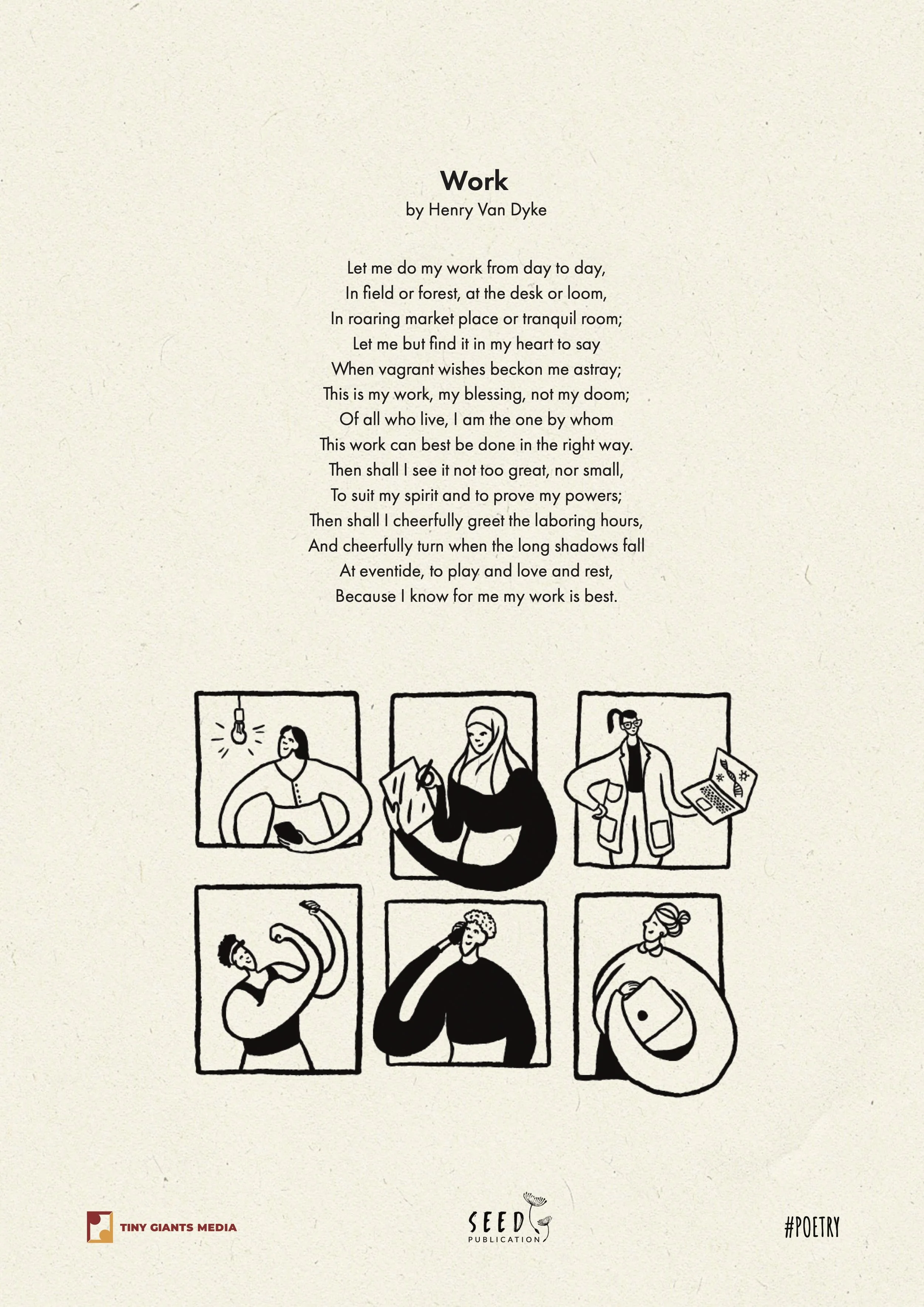 A poem titled 'Work' by Henry Van Dyke with illustrations of diverse individuals engaged in various activities, such as reading, working on a laptop, exercising, and (partially visible) a person with makeup.