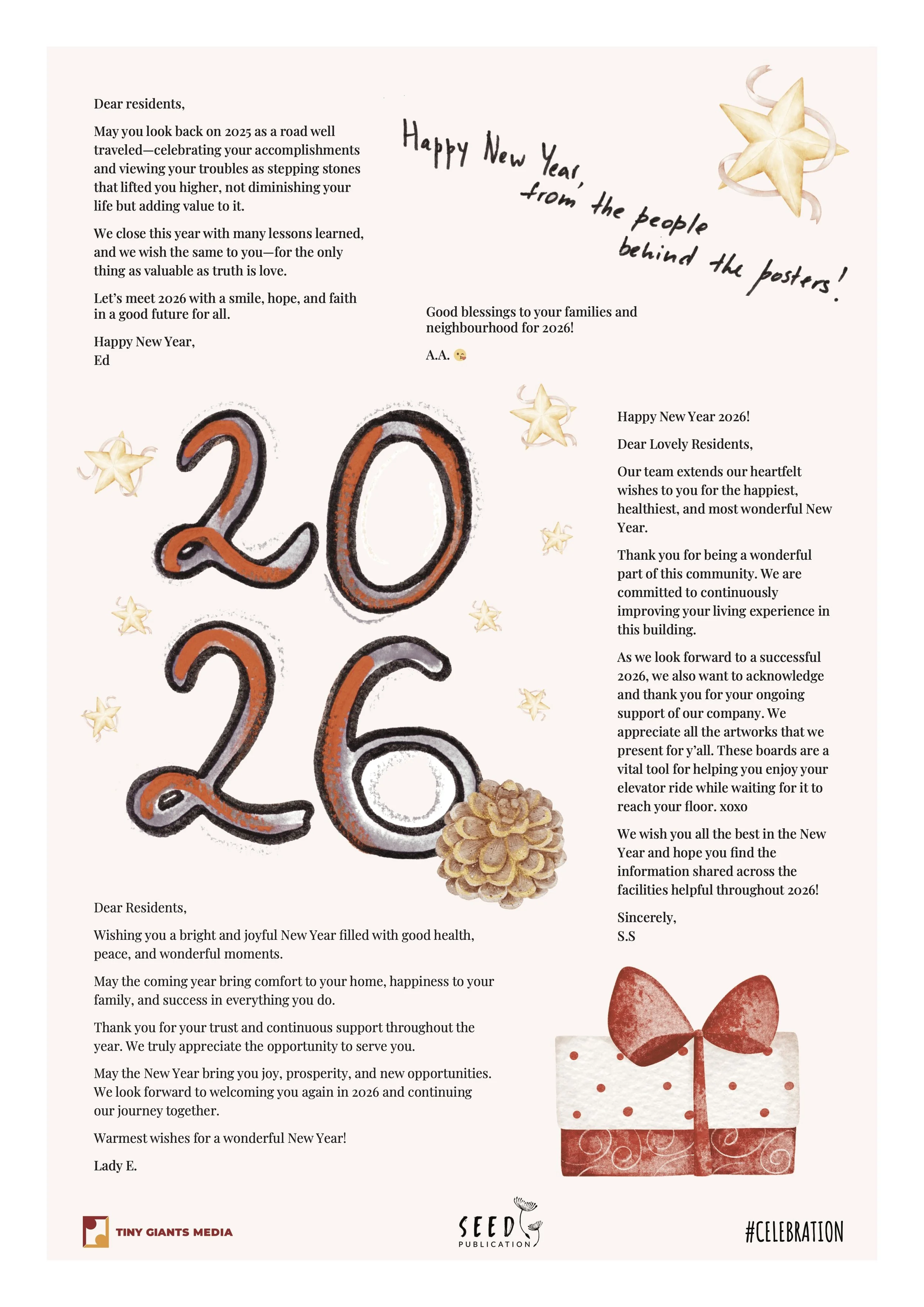 Happy New Year 2026 greeting card with handwritten message, decorated with illustrated stars, a large numbered '2026' in sketch style, a gift box with a bow, and text of New Year's messages from various individuals and organizations.