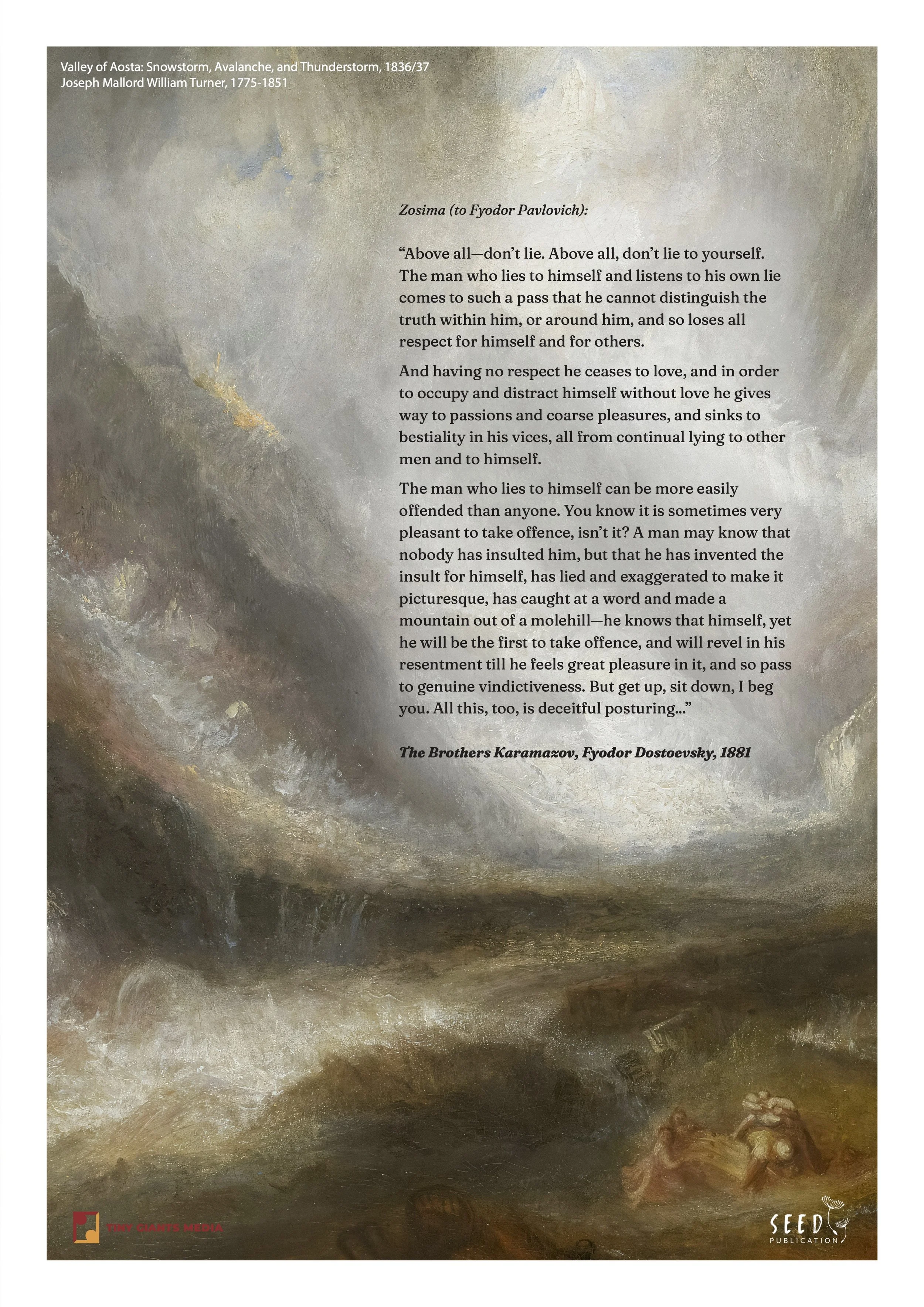 A painting of a stormy sky over a stormy landscape with two figures huddled together in the bottom right corner. The sky has dark, swirling clouds with flashes of lightning, and the landscape appears rugged and barren.