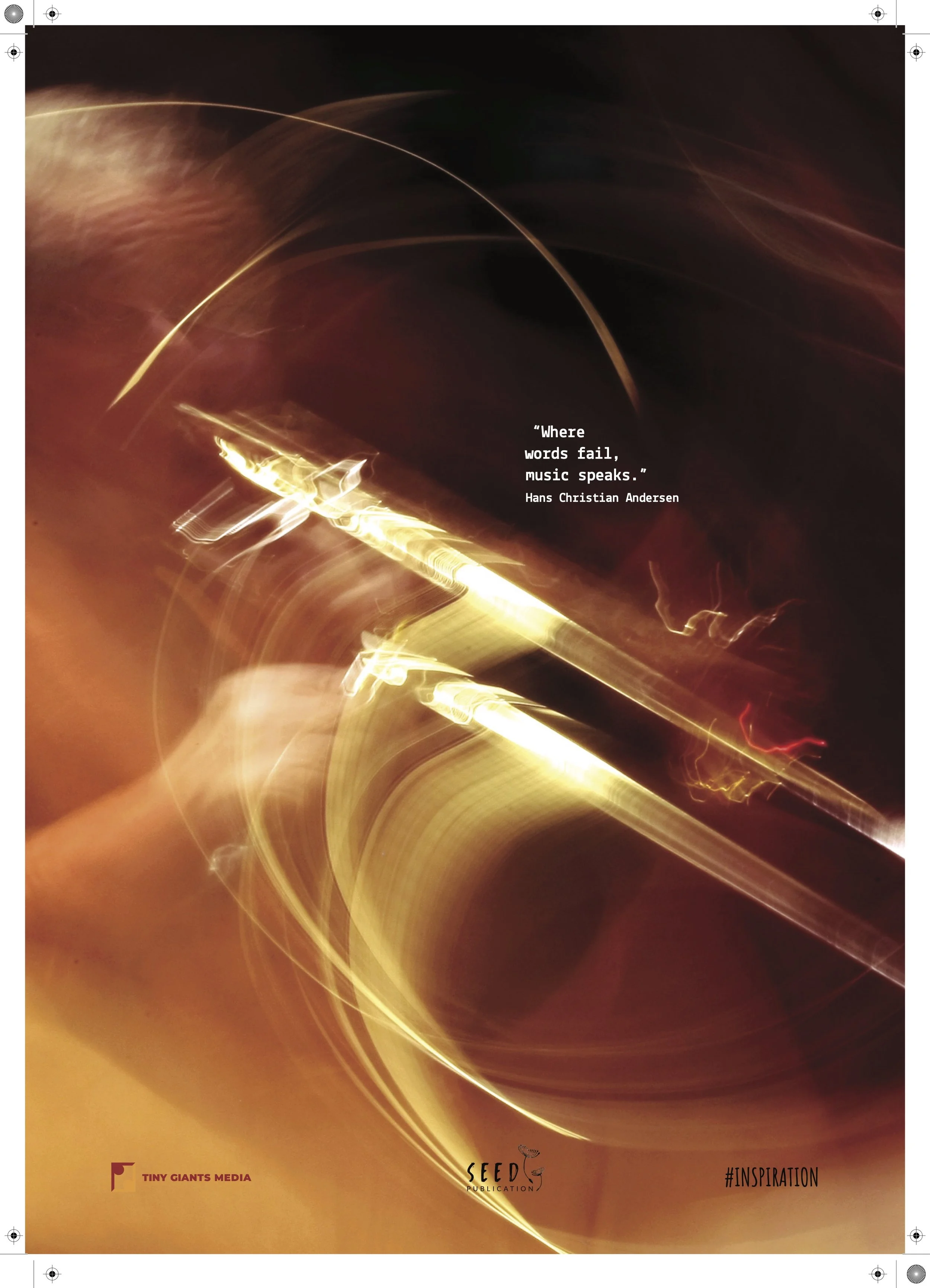 Abstract digital artwork with swirling light streaks in shades of gold, red, and black. Includes a quote: "Where words fail, music speaks." by Hans Christian Andersen, with branding logos Tiny Giants Media and Seeds Publication, and the hashtag #Insp