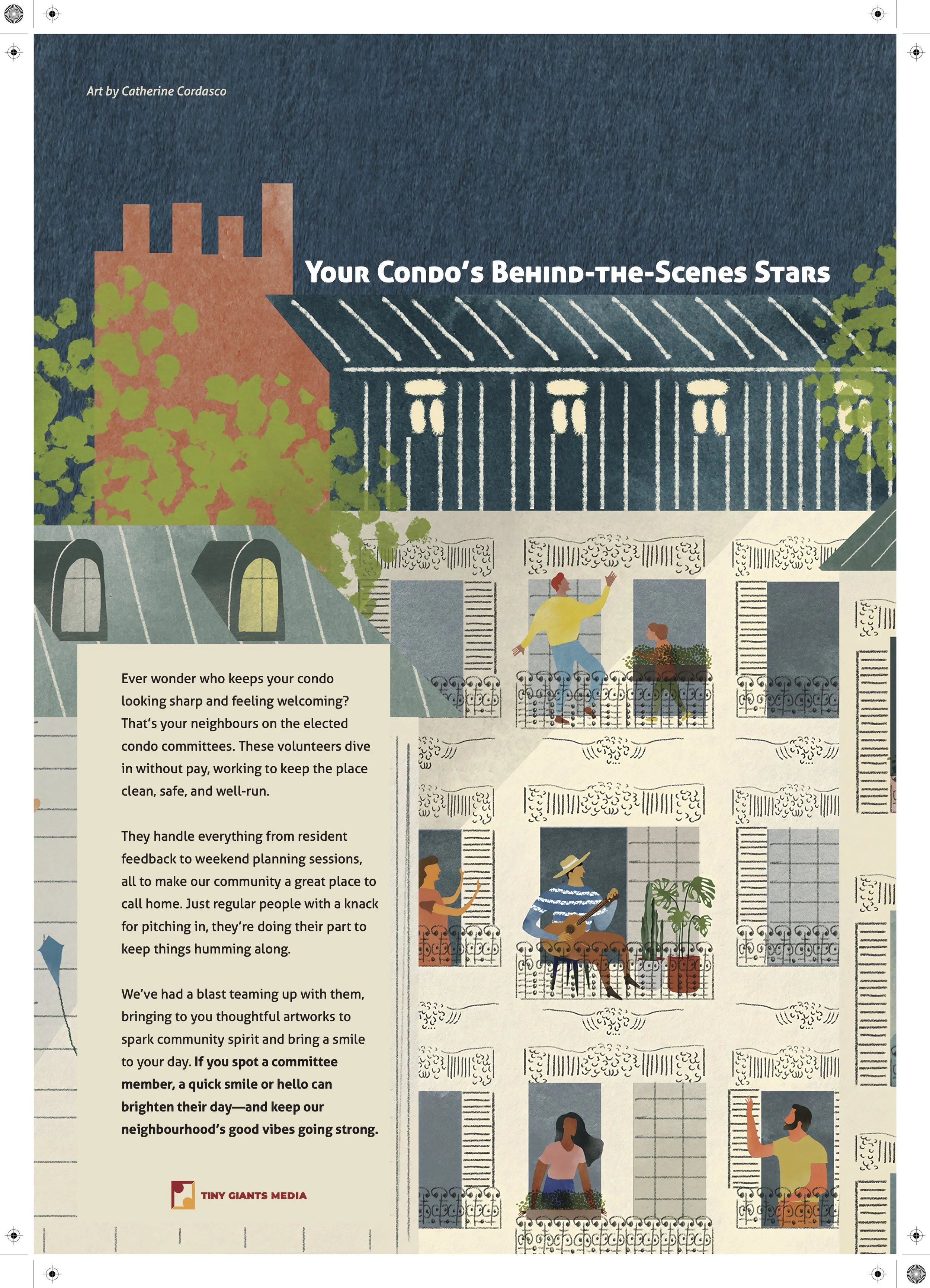 An illustrated scene of a condo porch with two people, one playing guitar and the other raising hand, surrounded by plants and featuring neighboring houses and trees. There is text about condo behind-the-scenes stars and volunteering, with a logo of 