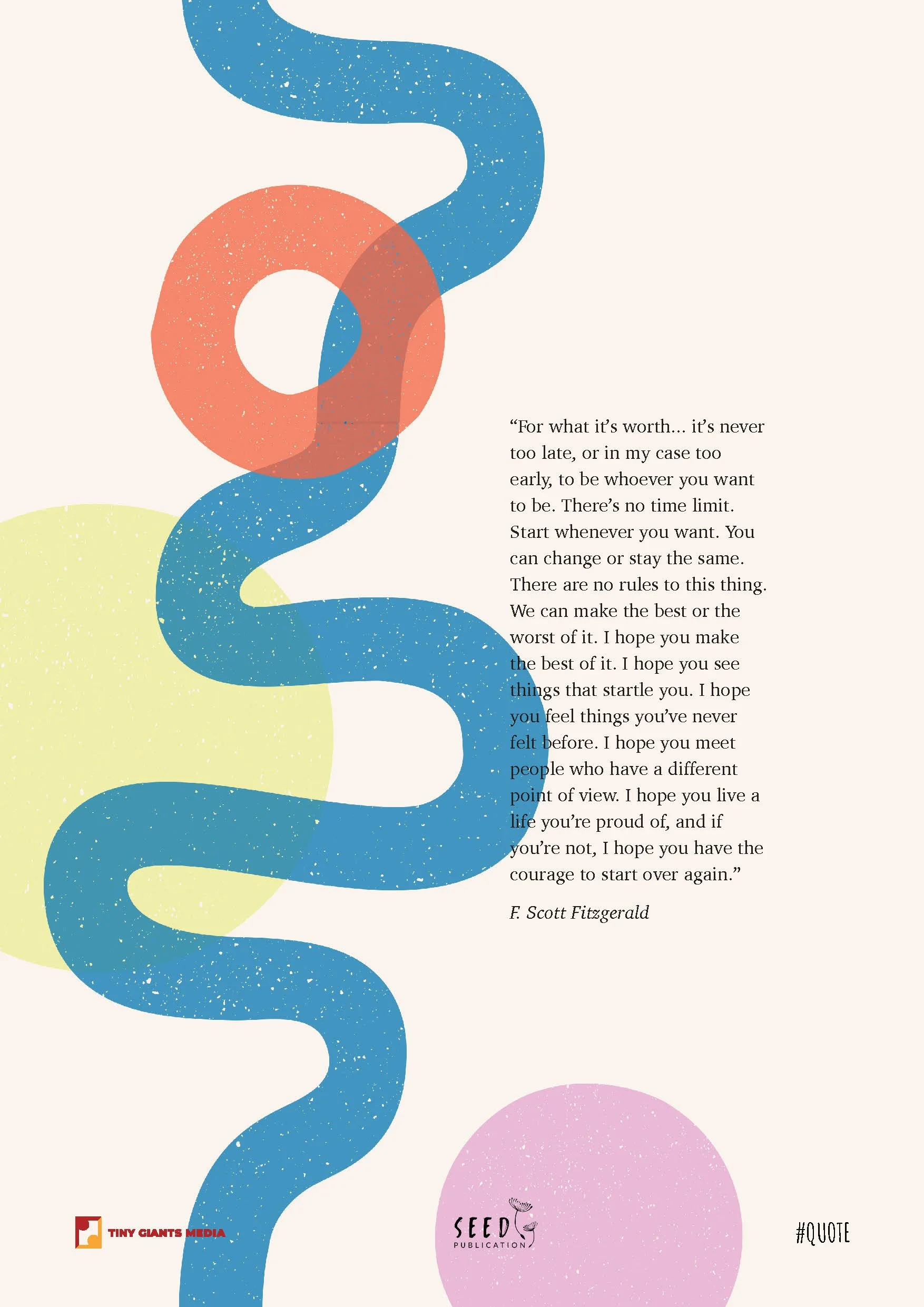Abstract graphic design with large colorful circles and wavy lines, along with a quote about taking chances and starting anew, attributed to F. Scott Fitzgerald, and logos for Tiny Giants Media and Seed Publication at the bottom.