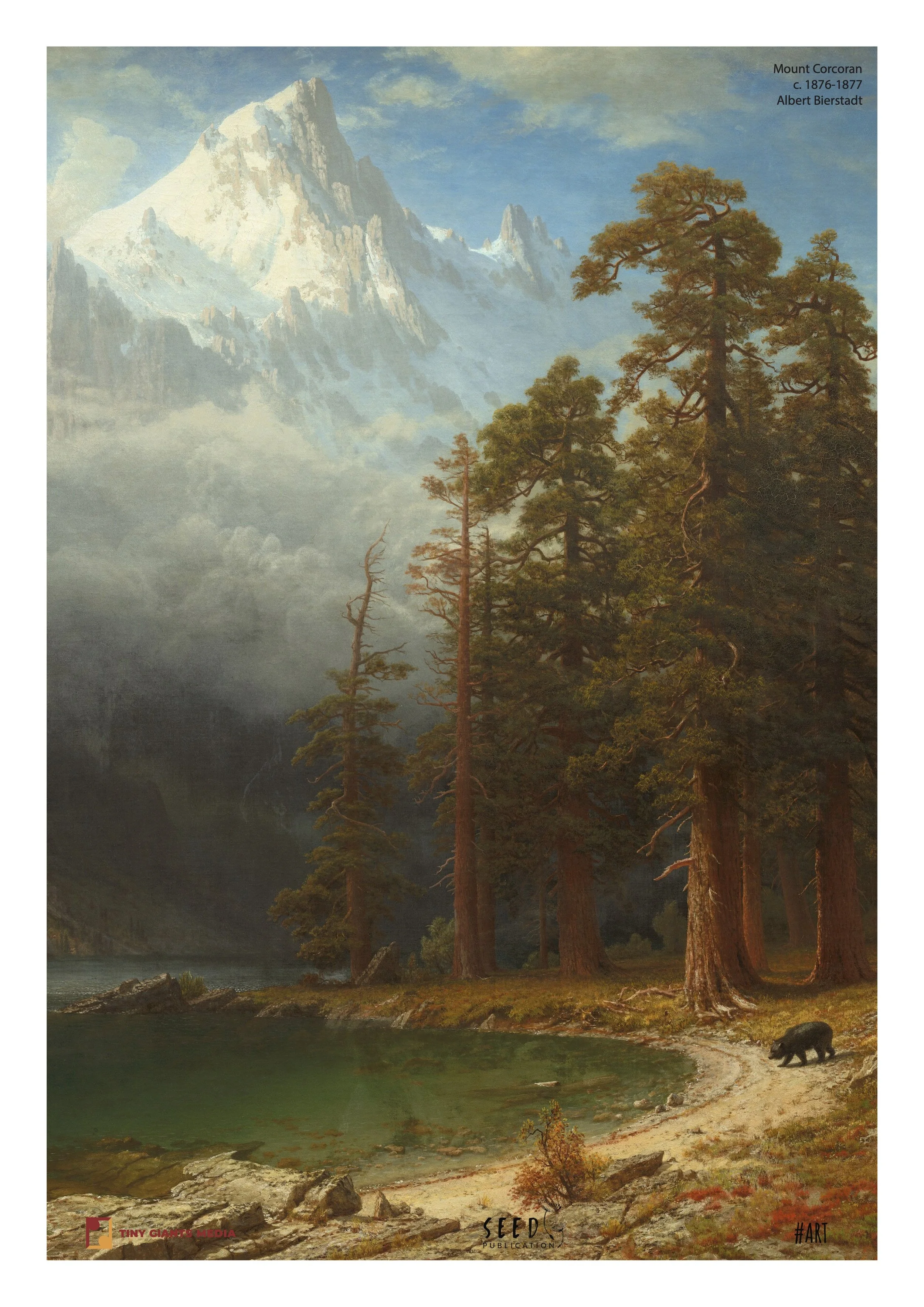 A painting of a mountain landscape featuring snowy peaks, a calm lake, tall pine trees, and a bear walking along a dirt path.