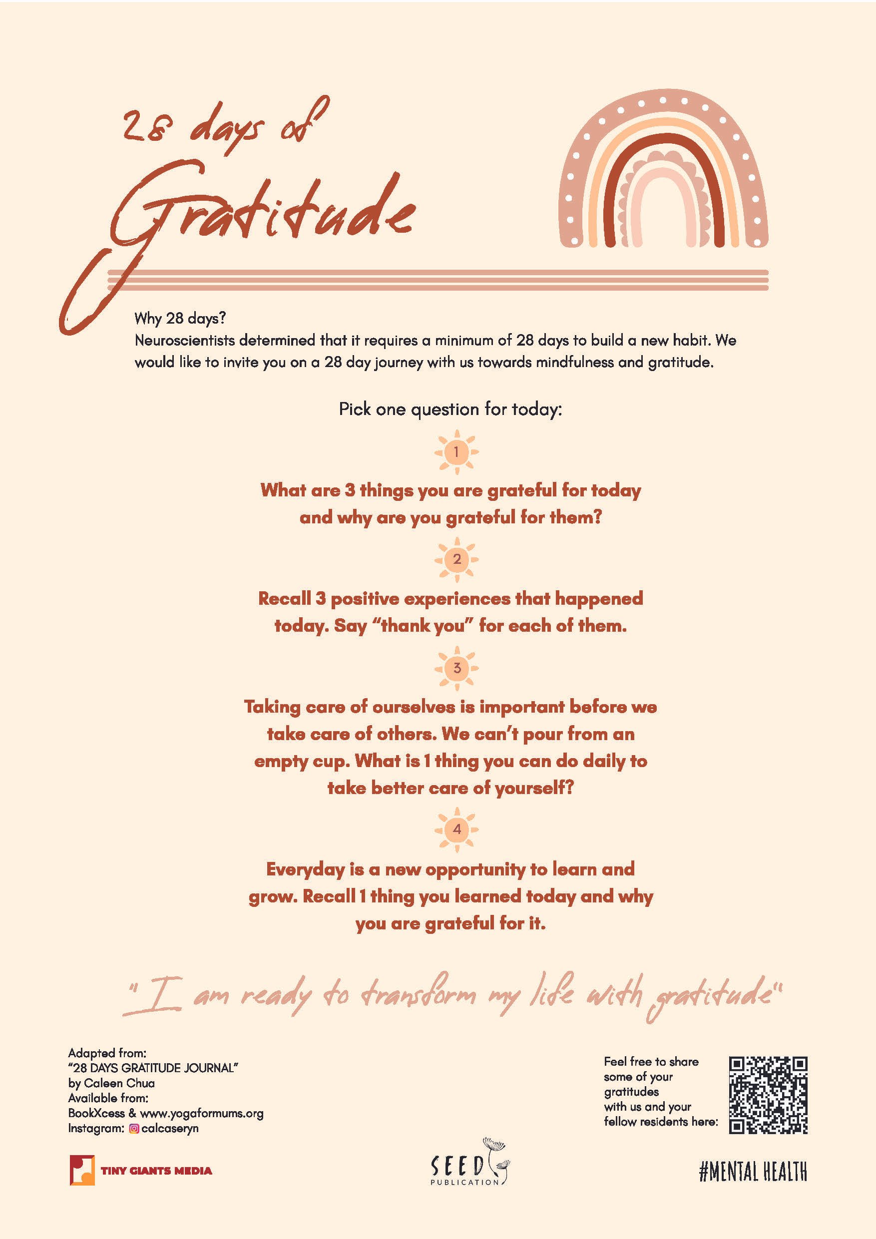 A gratitude journal titled "28 days of Gratitude" with a rainbow graphic at the top. The journal encourages daily gratitude practice with prompts and quotes, including questions about things to be grateful for and positive experiences. It is adapted 