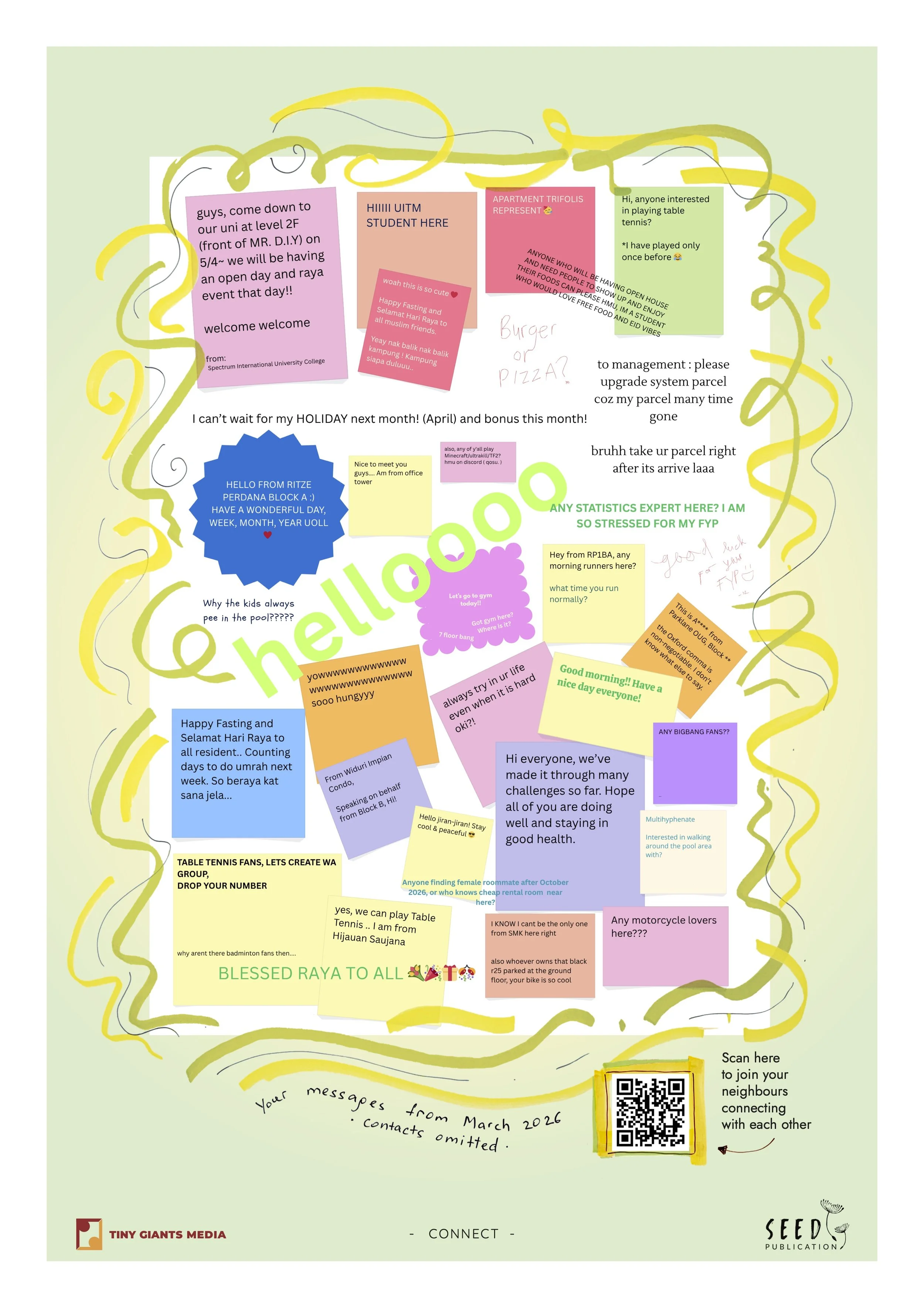 A collage of colorful sticky notes and messages on a light green background, with yellow decorative borders, QR code, and logos of Tiny Giants Media and Seed Publication. The messages include greetings, holiday wishes, event invitations, questions, a