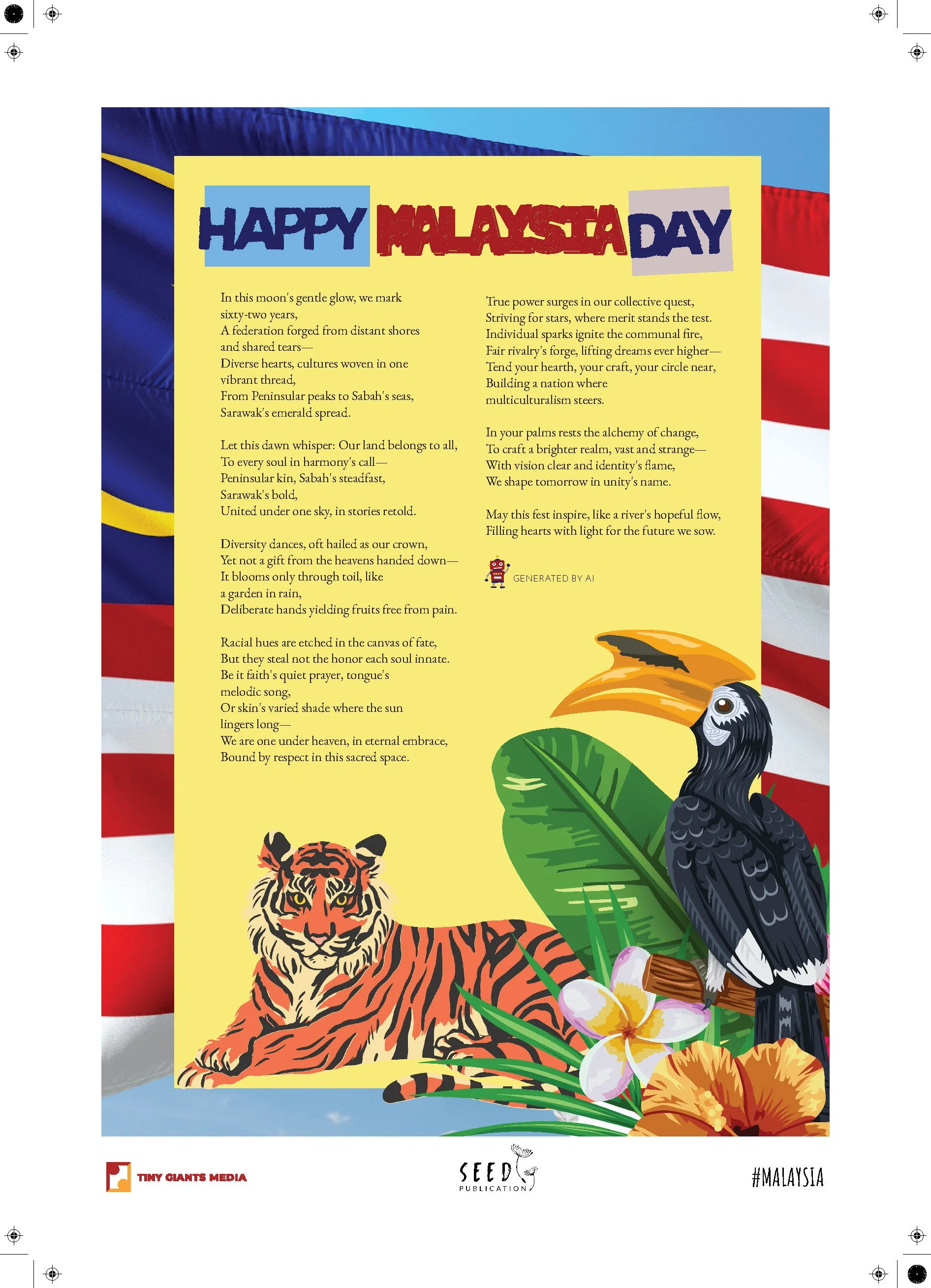 Celebration poster for Malaysia Day with a yellow background, featuring a tiger, a hornbill, tropical flowers, and Malaysian flags in the background.