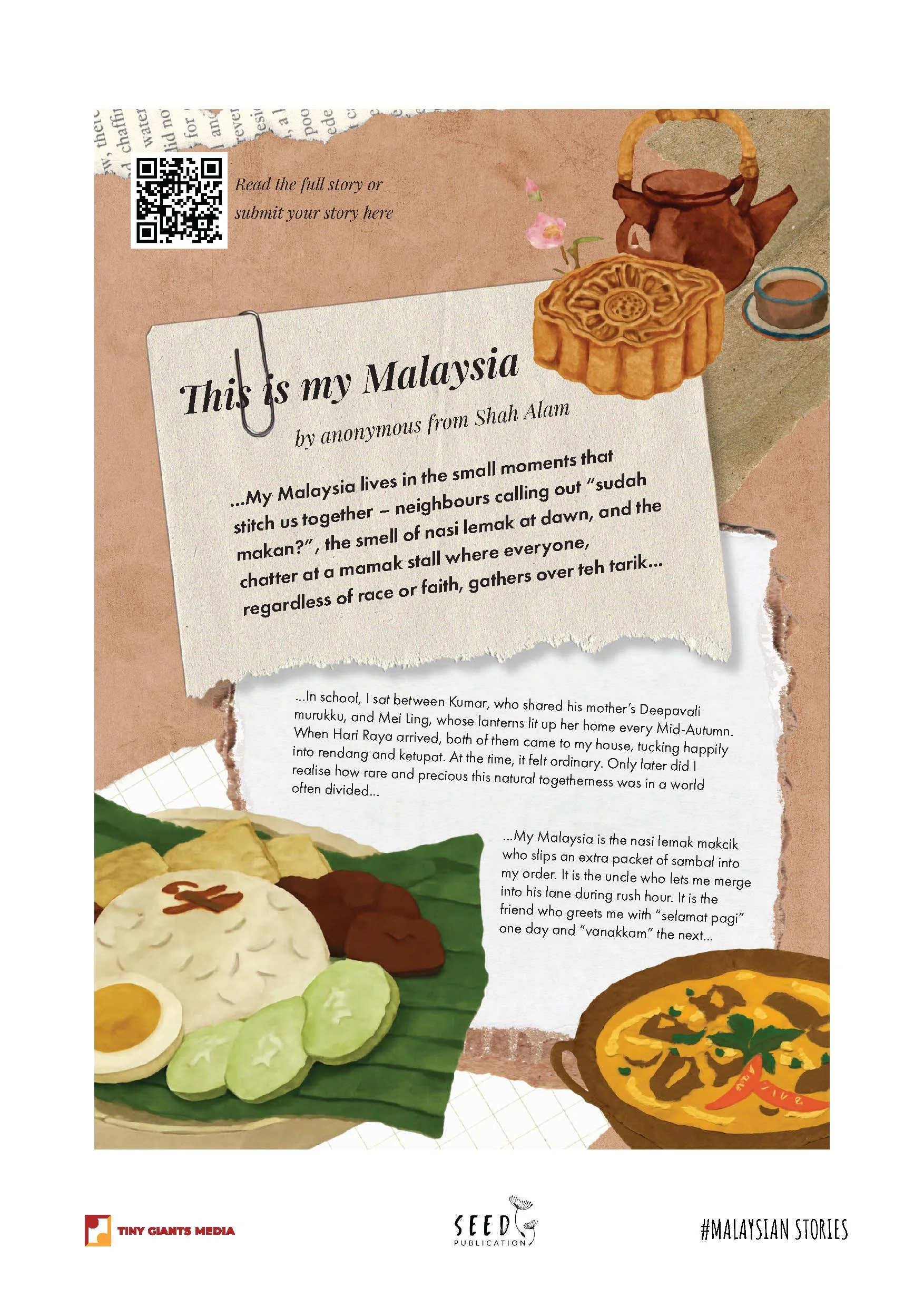 Illustrated cover page of a story featuring traditional Malaysian food and cultural elements, including a teapot, a cup, a mooncake, a plate of satay, cucumber slices, a bowl of curry, and dried food, with text and logos at the bottom.