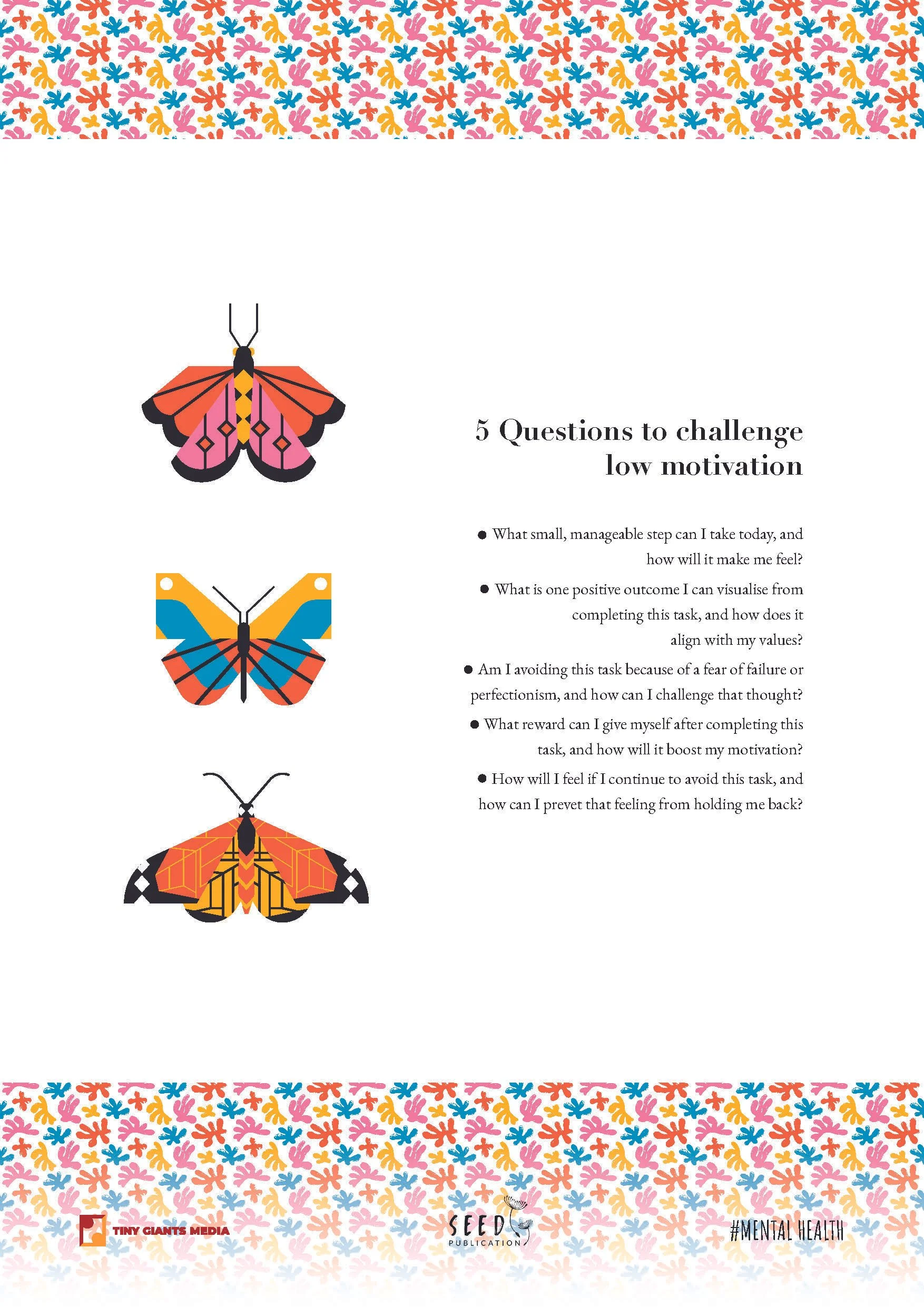 Decorative border of colorful abstract floral shapes and butterflies at the top and bottom. The main content area features three illustrated butterflies in different patterns and colors. Text on the right side with questions about low motivation, men