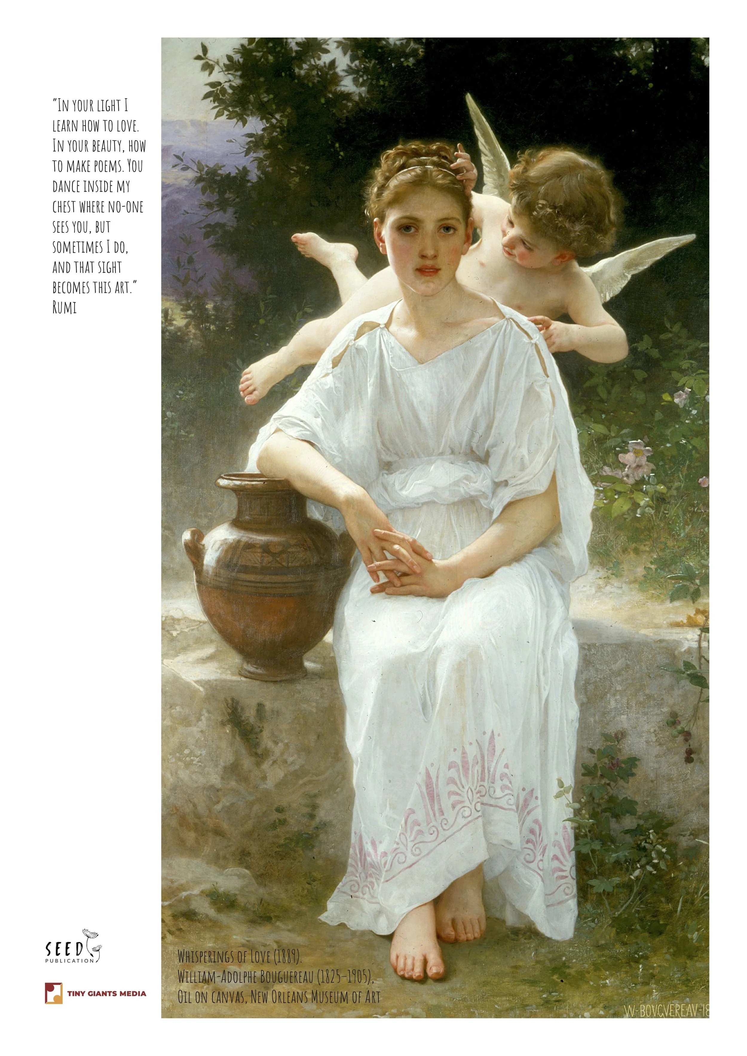 A painting titled 'Whisperings of Love' by William-Adolphe Bouguereau, created in 1889. It features a woman seated outdoors with a cherub-like child behind her, both with wings, surrounded by greenery and pink flowers.
