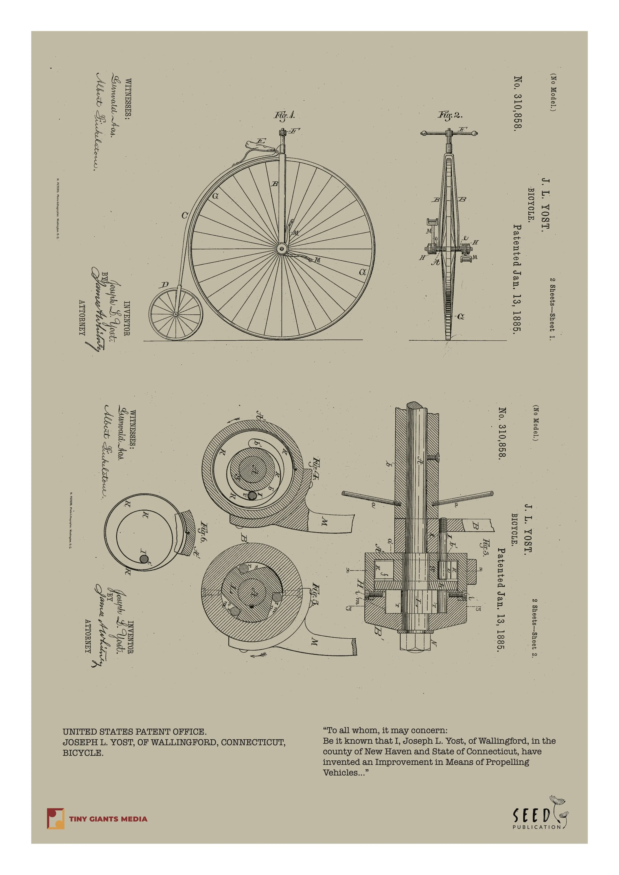 Patent document for a bicycle design by Joseph L. Yost, including technical drawings and specifications, issued on January 13, 1885, from the United States Patent Office.