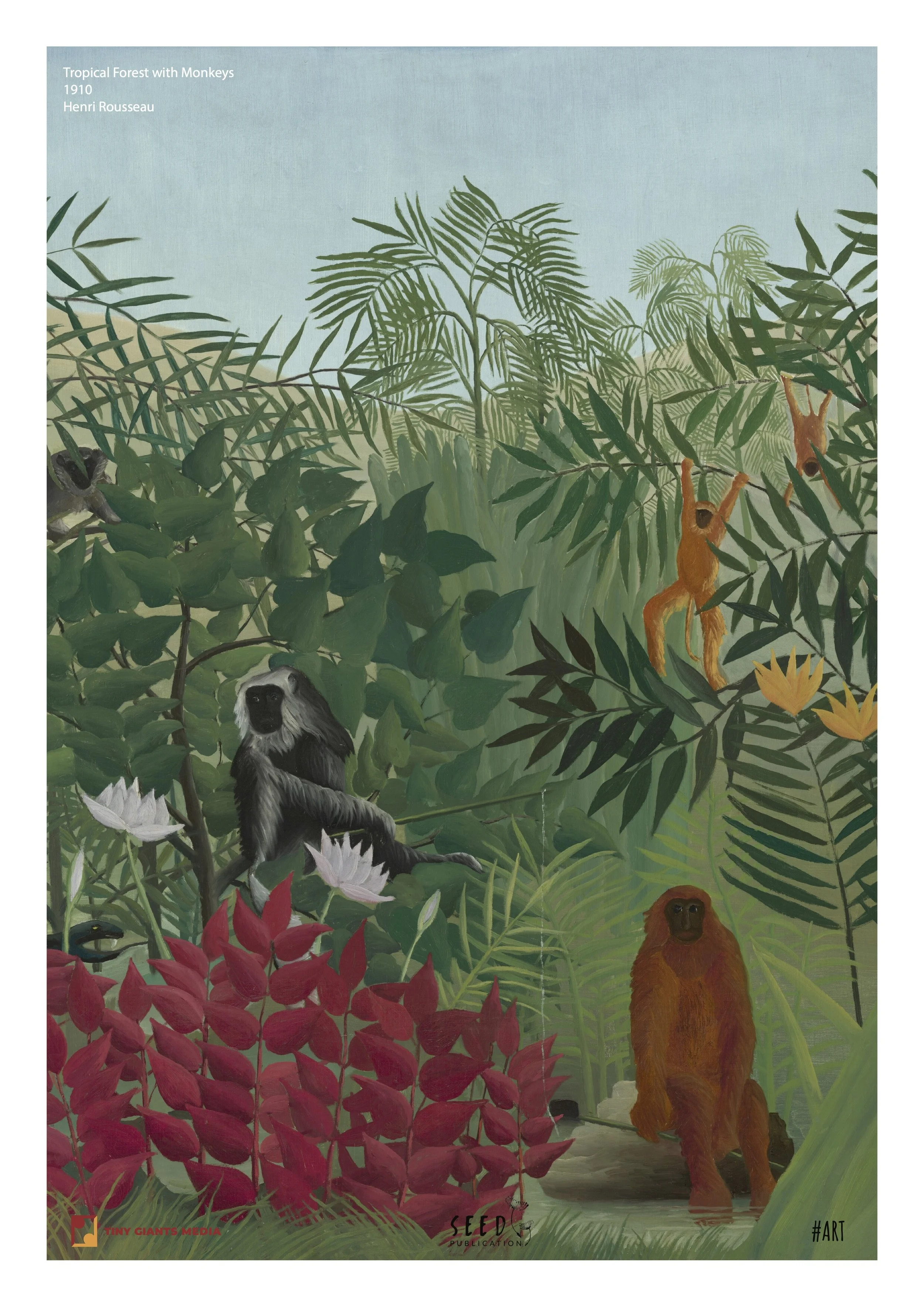 Painting titled 'Tropical Forest with Monkeys' by Henri Rousseau, created in 1910, depicting lush green jungle with various animals including a monkey, orangutan, and other wildlife, with vibrant foliage and flowers.