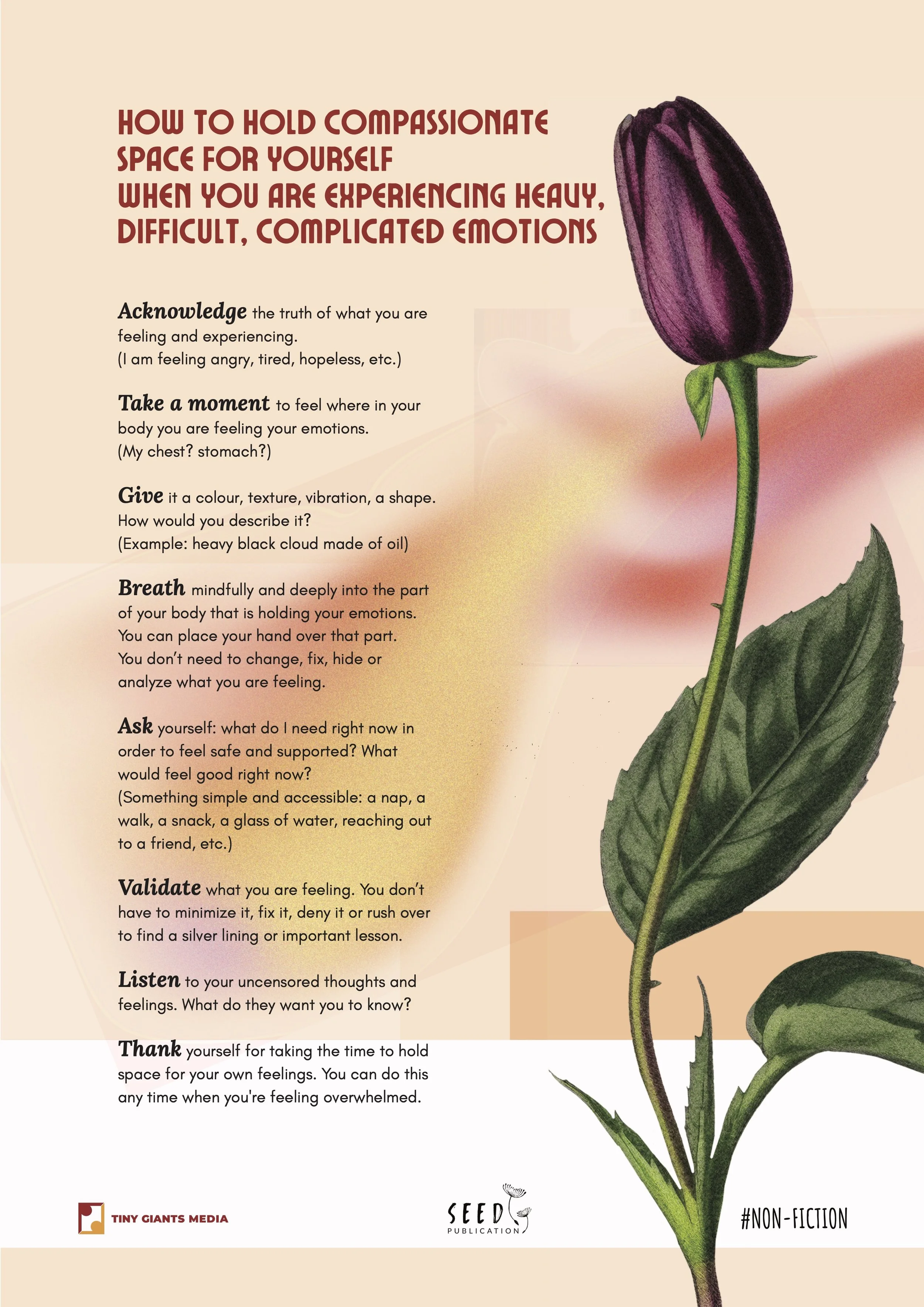 A guide on practicing self-compassion when experiencing complex emotions, featuring a large illustrated purple flower with green leaves on the right side. The background is soft beige with text on the left side.