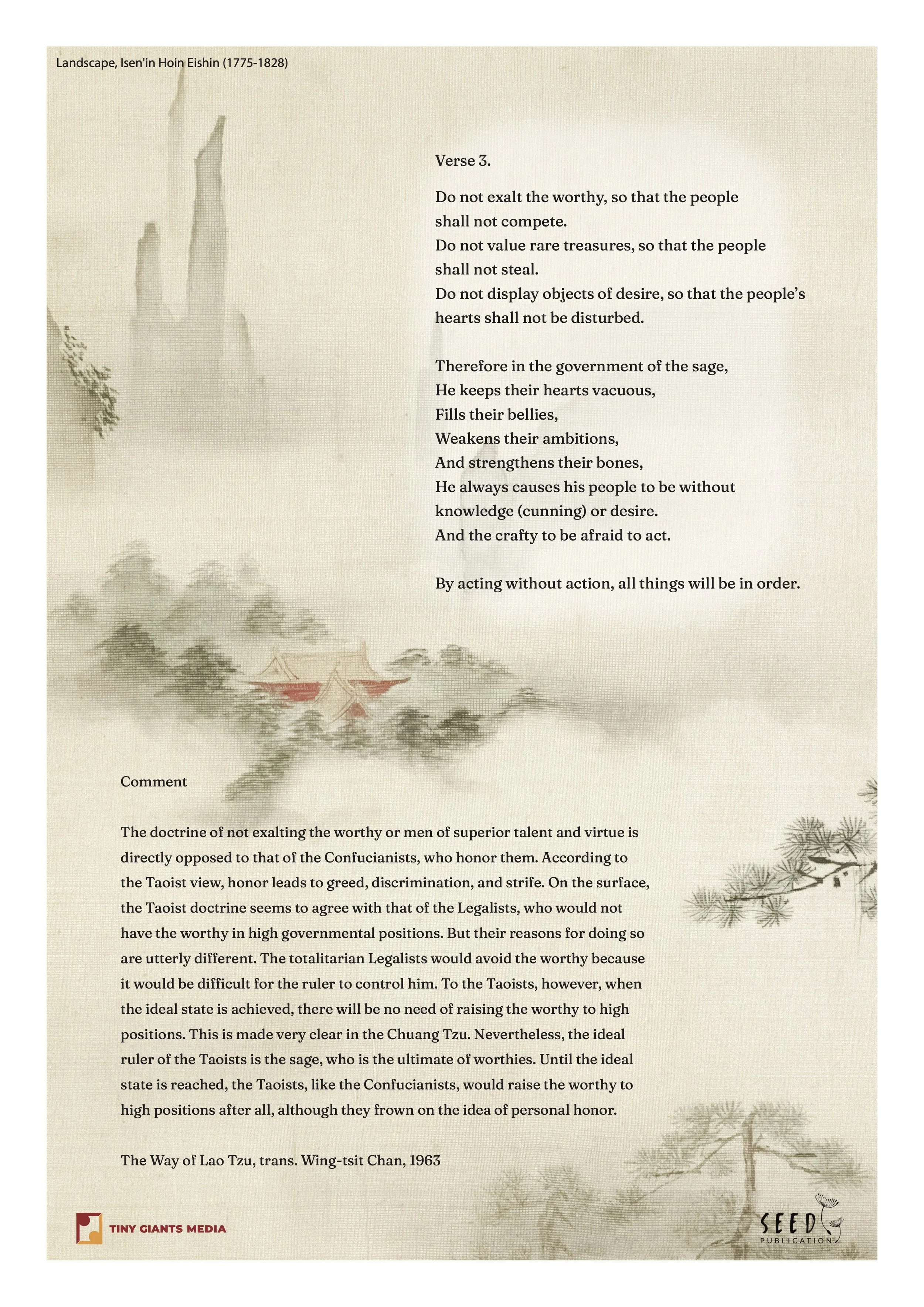 A page from a book or article with a watercolor-style illustration of a mountainous landscape with trees, traditional Chinese buildings, and a pagoda at the bottom. The text discusses Taoist philosophy and includes a quote from Lao Tzu.