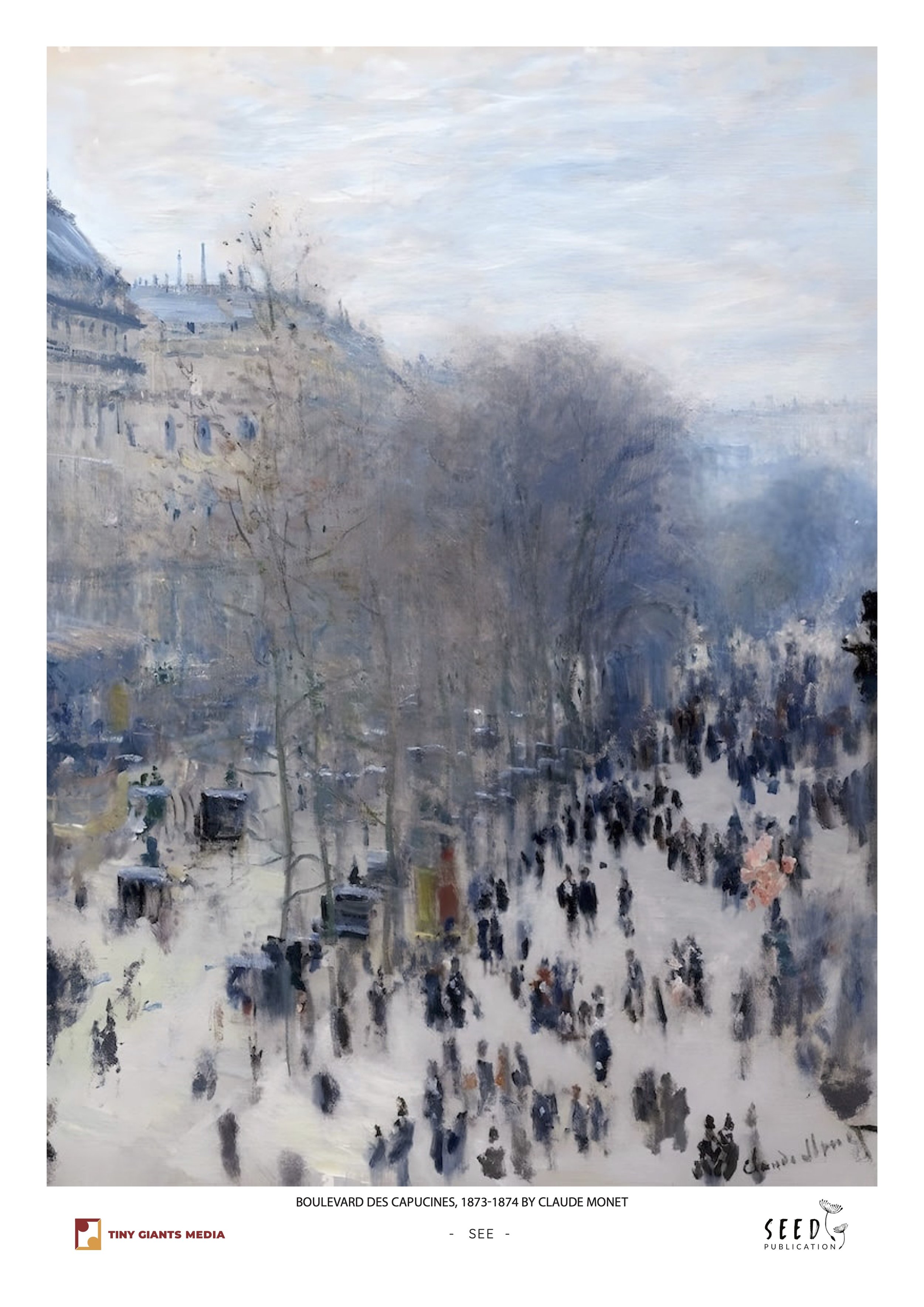 Impressionist painting of Boulevard des Capucines in winter, with snow-covered trees, buildings, and people walking.
