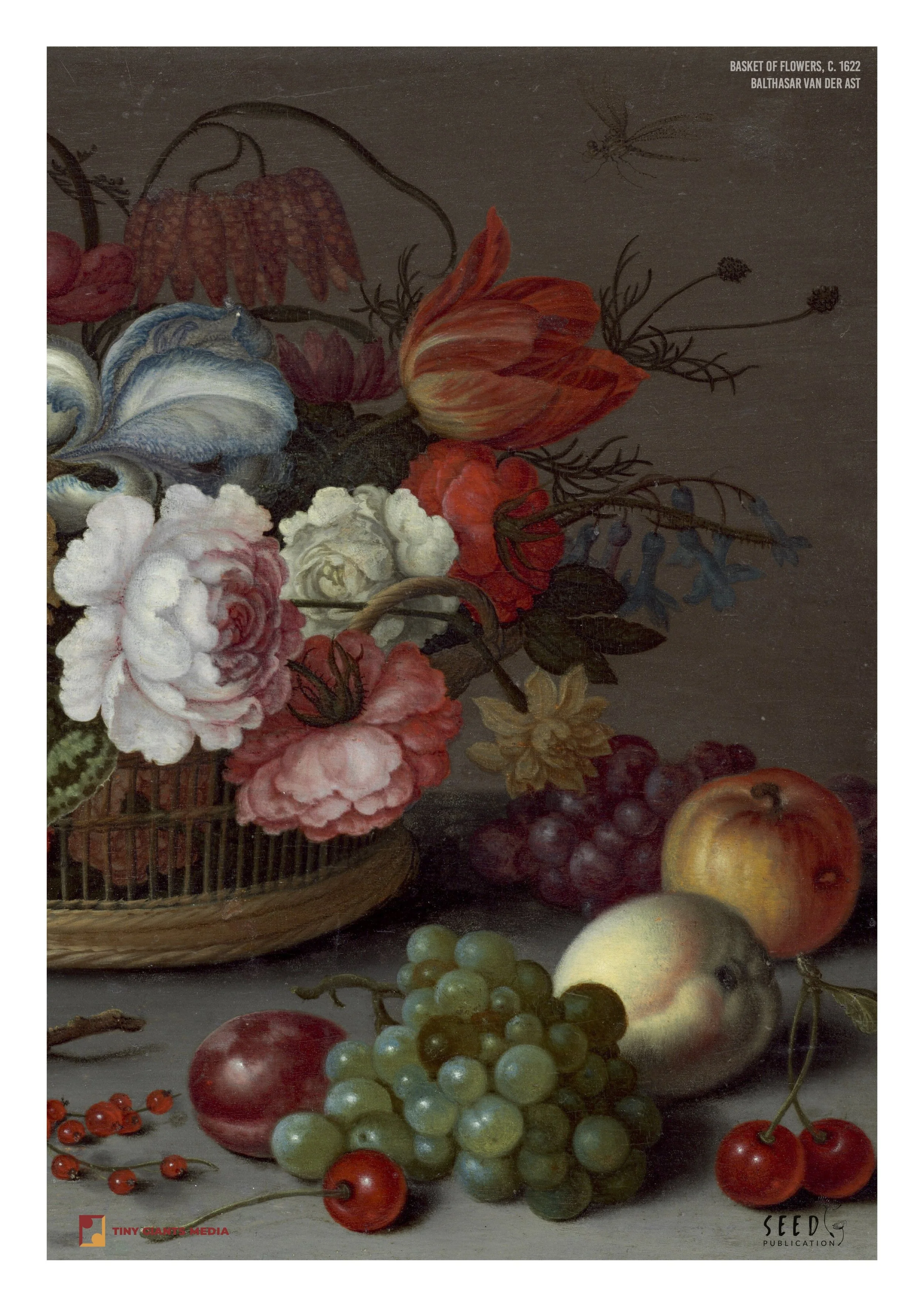 A still life painting of a basket of flowers surrounded by apples, grapes, cherries, and other fruits.