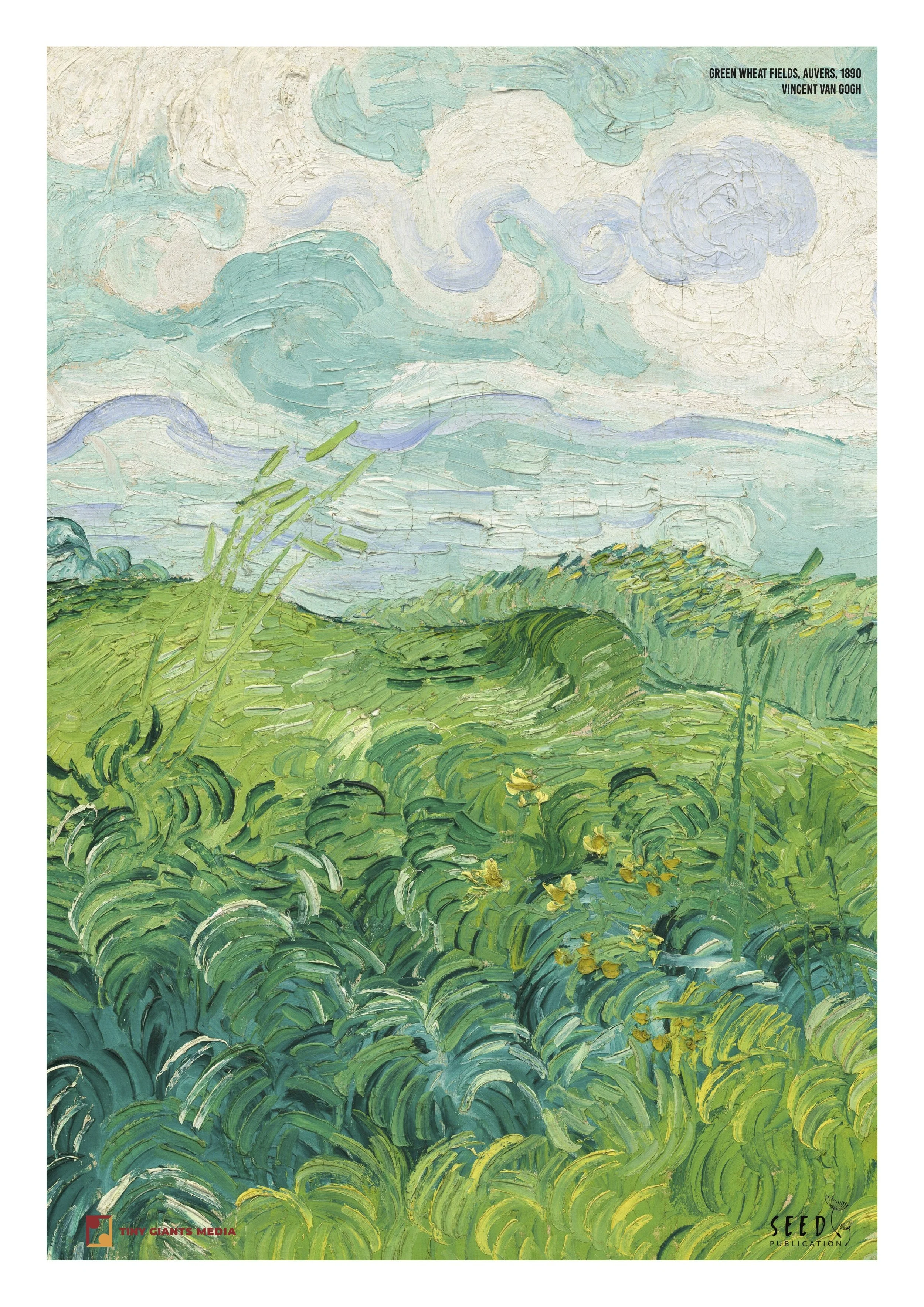 A painting of green wheat fields with rolling hills and a cloudy sky, created by Vincent van Gogh in 1890, titled 'Green Wheat Fields, Auvers'.