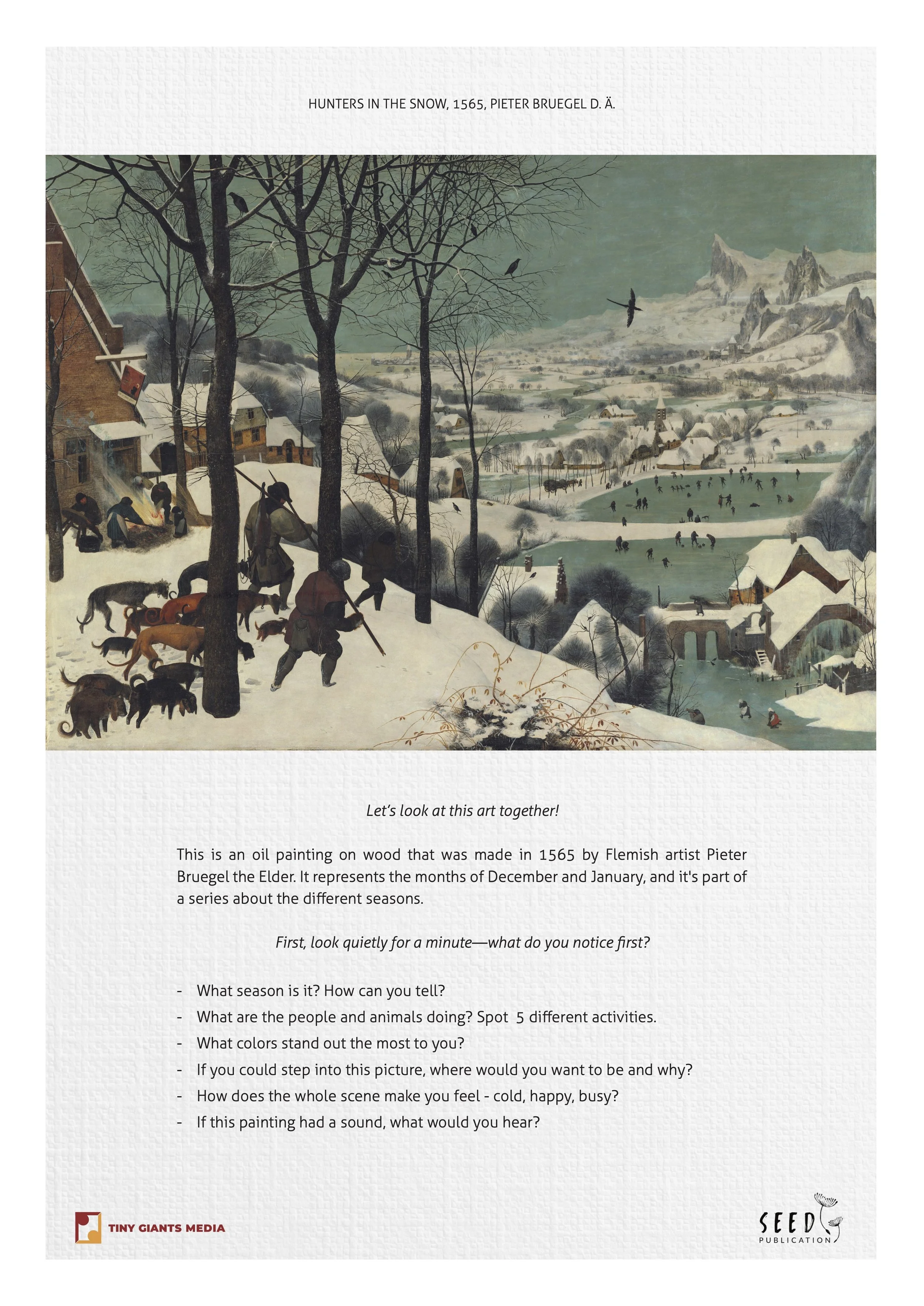 A detailed oil painting showing a winter scene in a village with snow-covered houses, a frozen pond filled with people skating, and a snowy mountain range in the background. Several figures are skating on the pond, and others are walking on the snow-