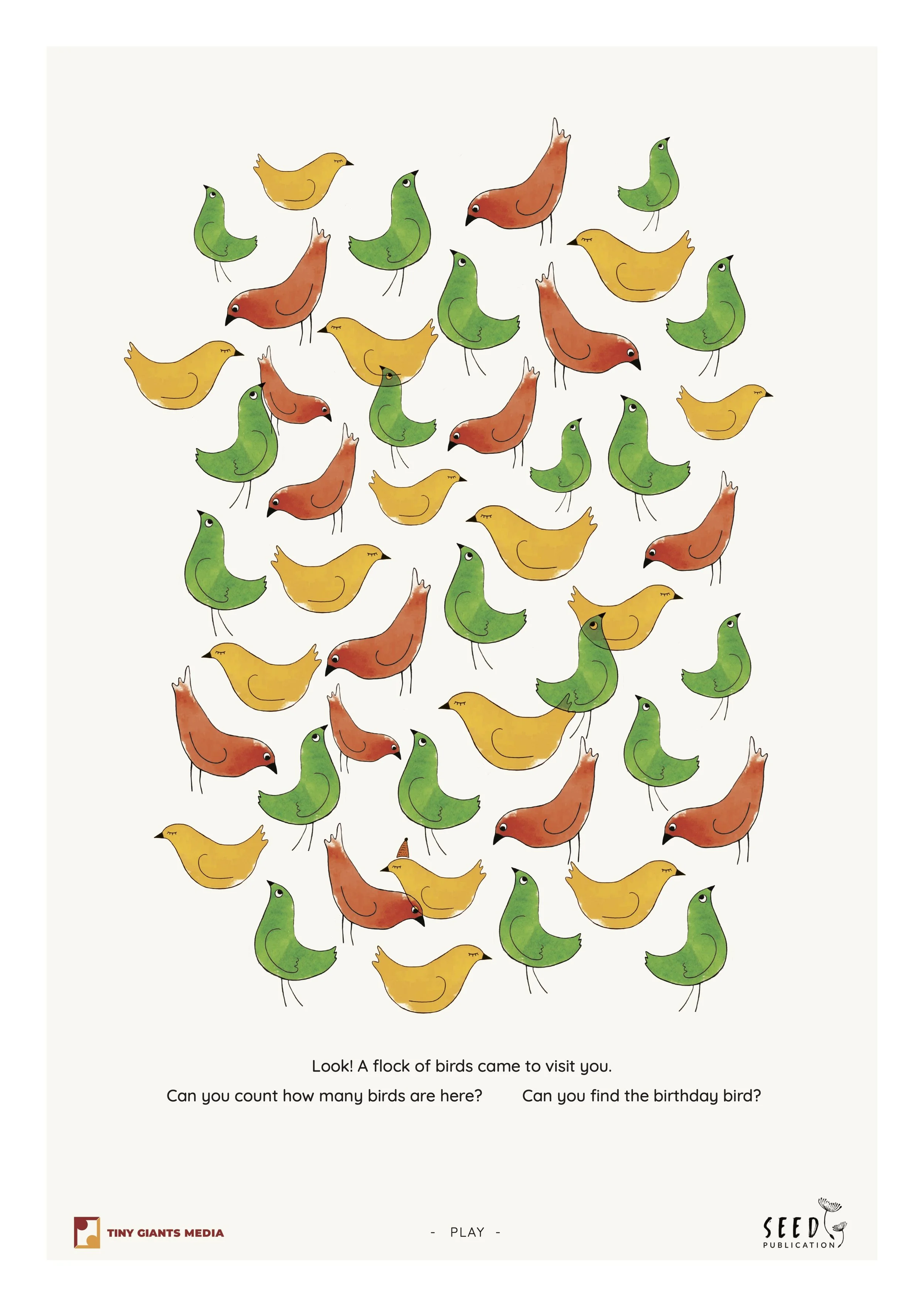 Colorful illustration of various birds in green, yellow, and orange, with some having closed eyes, scattered randomly on a white background. Text at bottom says, 'Look! A flock of birds came to visit you. Can you count how many birds are here? Can you find the birthday bird?' Logos for Tiny Giants Media and Seed Publication are at the bottom corners.