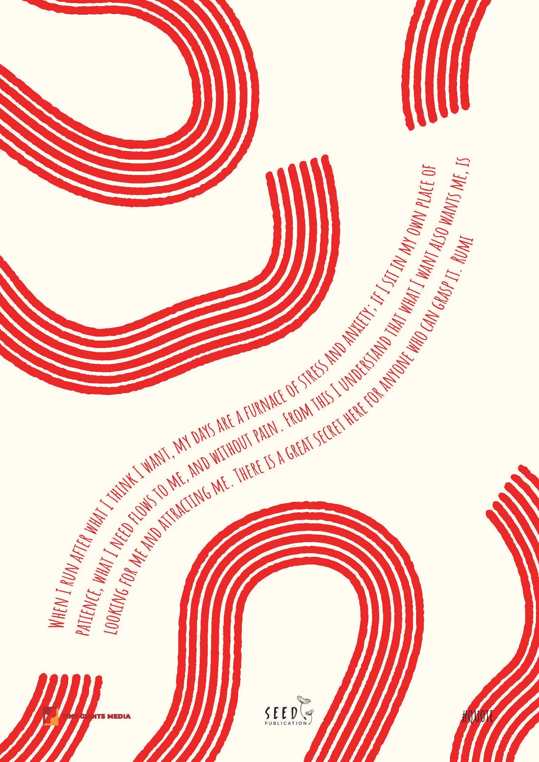 Red and white concentric rainbow patterns with a quote and source information on a cream background.