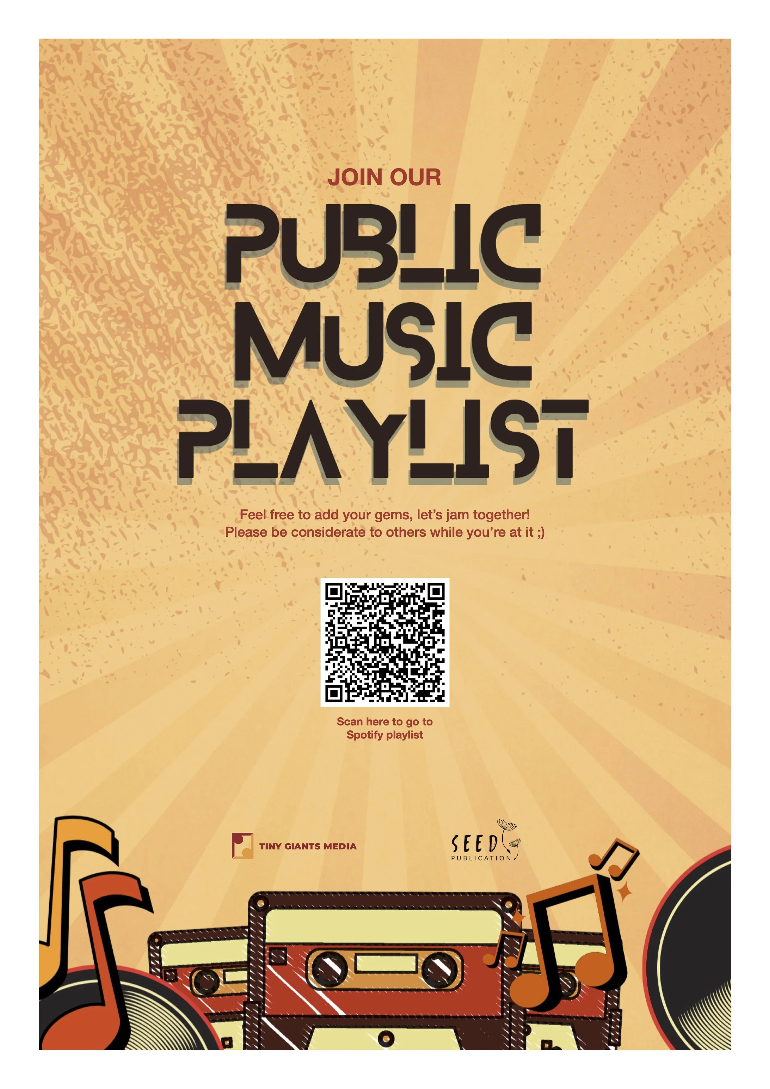 Flyer encouraging people to join a public music playlist, featuring orange and yellow background, musical notes, and a QR code for Spotify playlist access.
