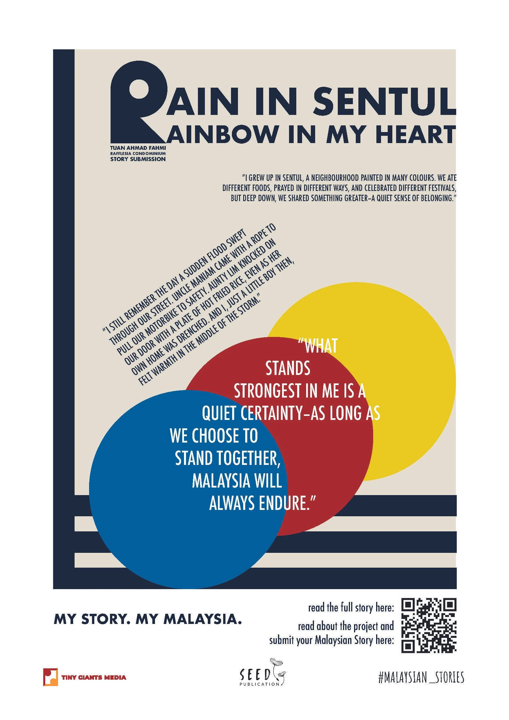 A poster titled 'Rain in Sentul, Rainbow in my Heart' with colorful overlapping circles, a quote about Sentul, and a QR code for the full story. Includes logos of Tiny Giants Media and Seed Publication.