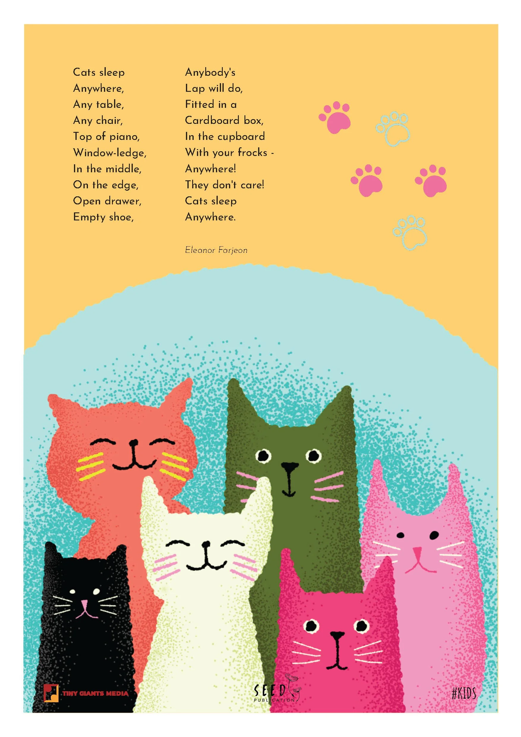 Colorful illustration of six cats in different colors including black, white, green, pink, and yellow, with happy expressions, set against a vibrant background. Includes logos for Tiny Giants Media and Seed Publicaion, and a hashtag #KIDS.