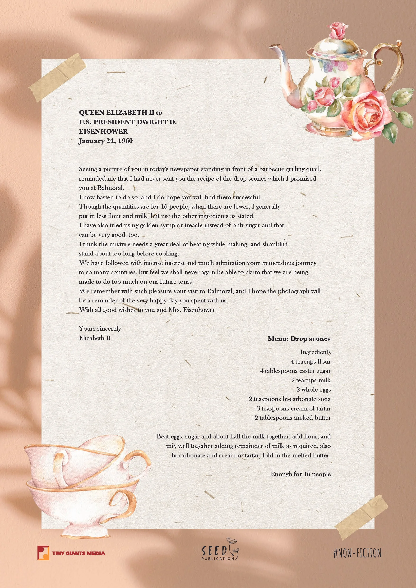 A decorative letter with a floral teapot and teacup illustration on a soft pink background, containing a letter from Queen Elizabeth II to President Dwight D. Eisenhower dated January 24, 1960, with a recipe for drop scones, and a logo for Tiny Giant