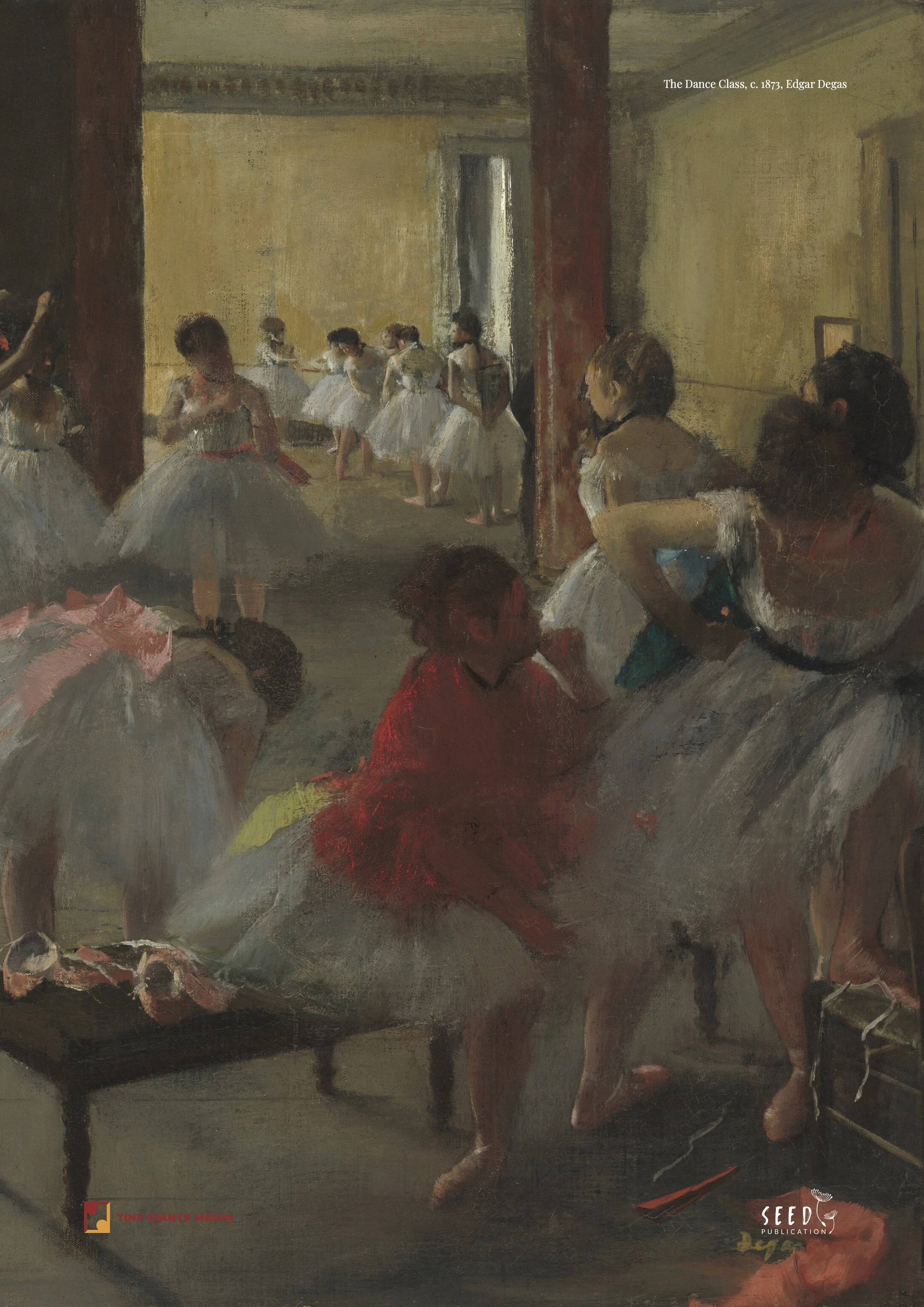 A painting titled 'The Dance Class' by Edgar Degas from around 1873, depicting young ballet dancers in a dance studio with some seated women observing, in a warm, muted color palette.