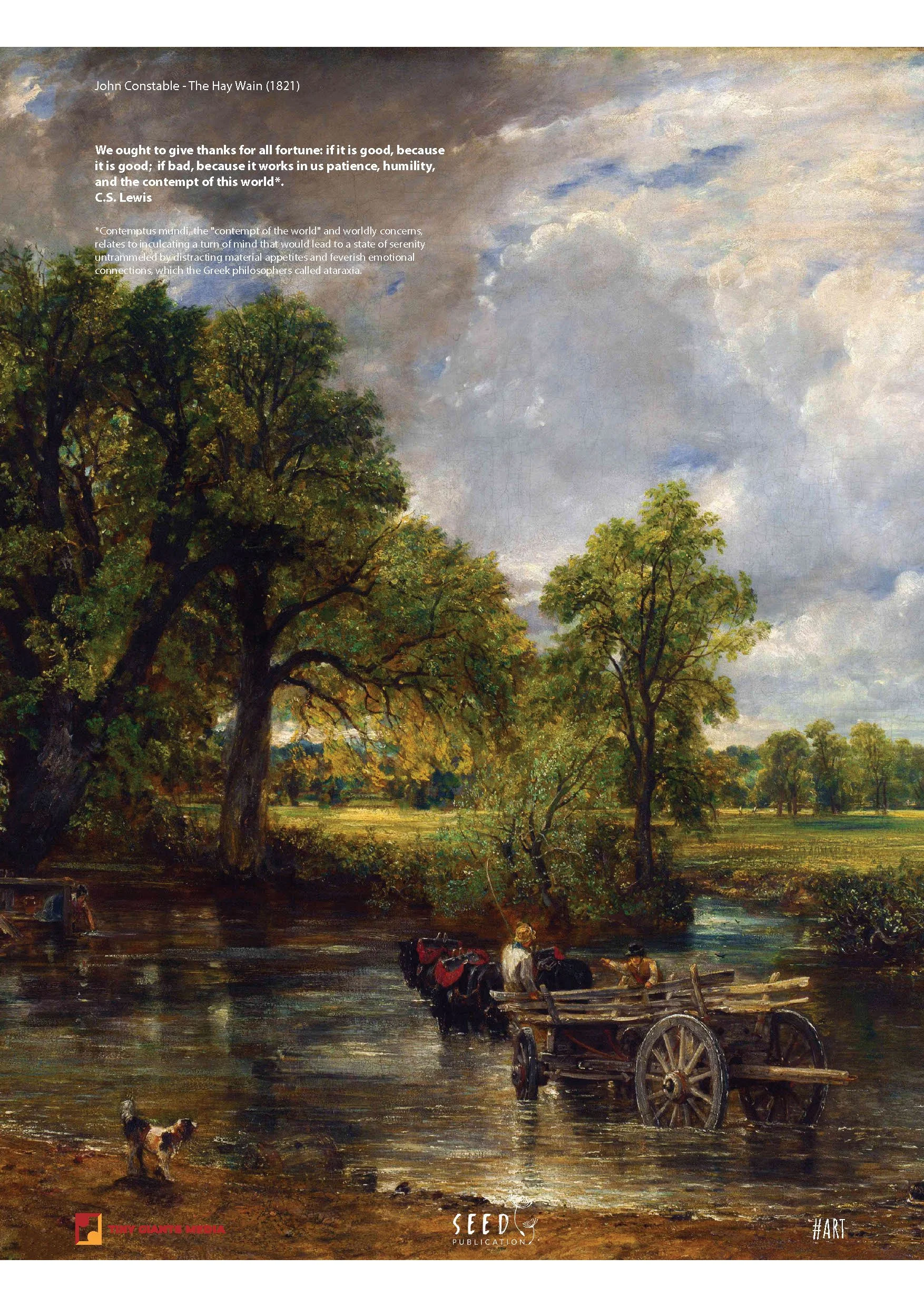 A landscape painting by John Constable titled 'The Hay Wain' from 1821, depicting a river scene with trees, a cart, and a dog in the foreground, and a cloudy sky overhead.