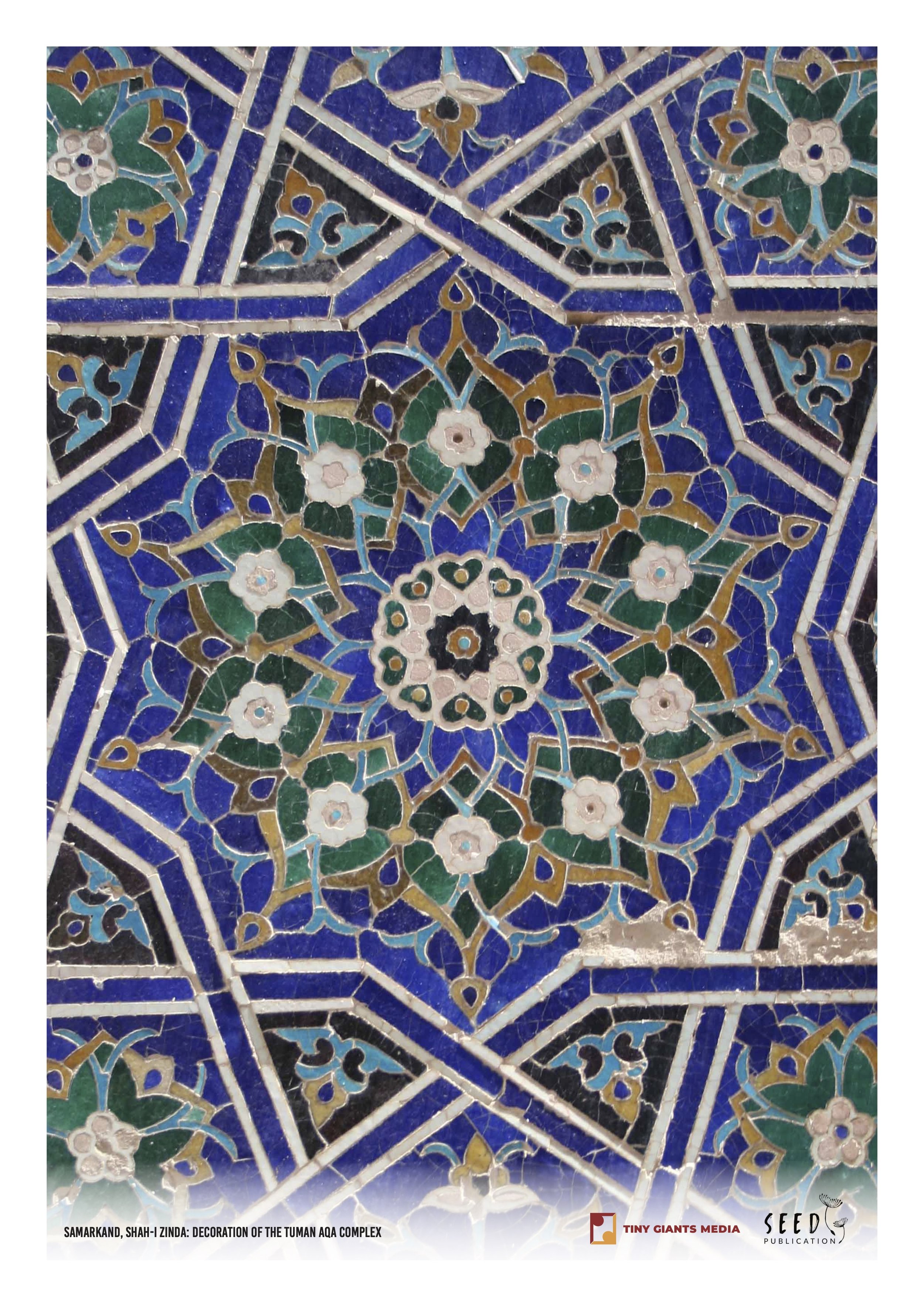 Close-up of colorful mosaic tile decoration with geometric patterns and floral motifs, intricate design, in shades of blue, green, white, and gold, from the Tuman Aqa Complex in Shah-i Zinda, Samarkand.