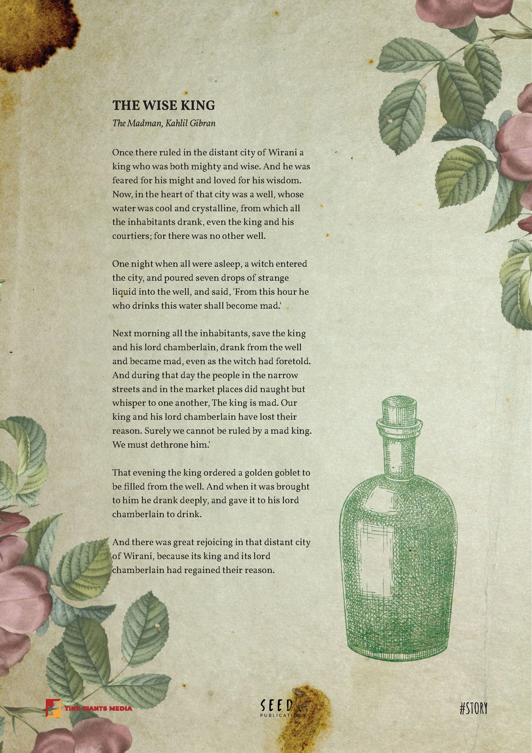 A page from a storybook titled 'The Wise King' featuring a story about a king of Wirani, with illustrations of leaves, pink roses, and an outlined green bottle.